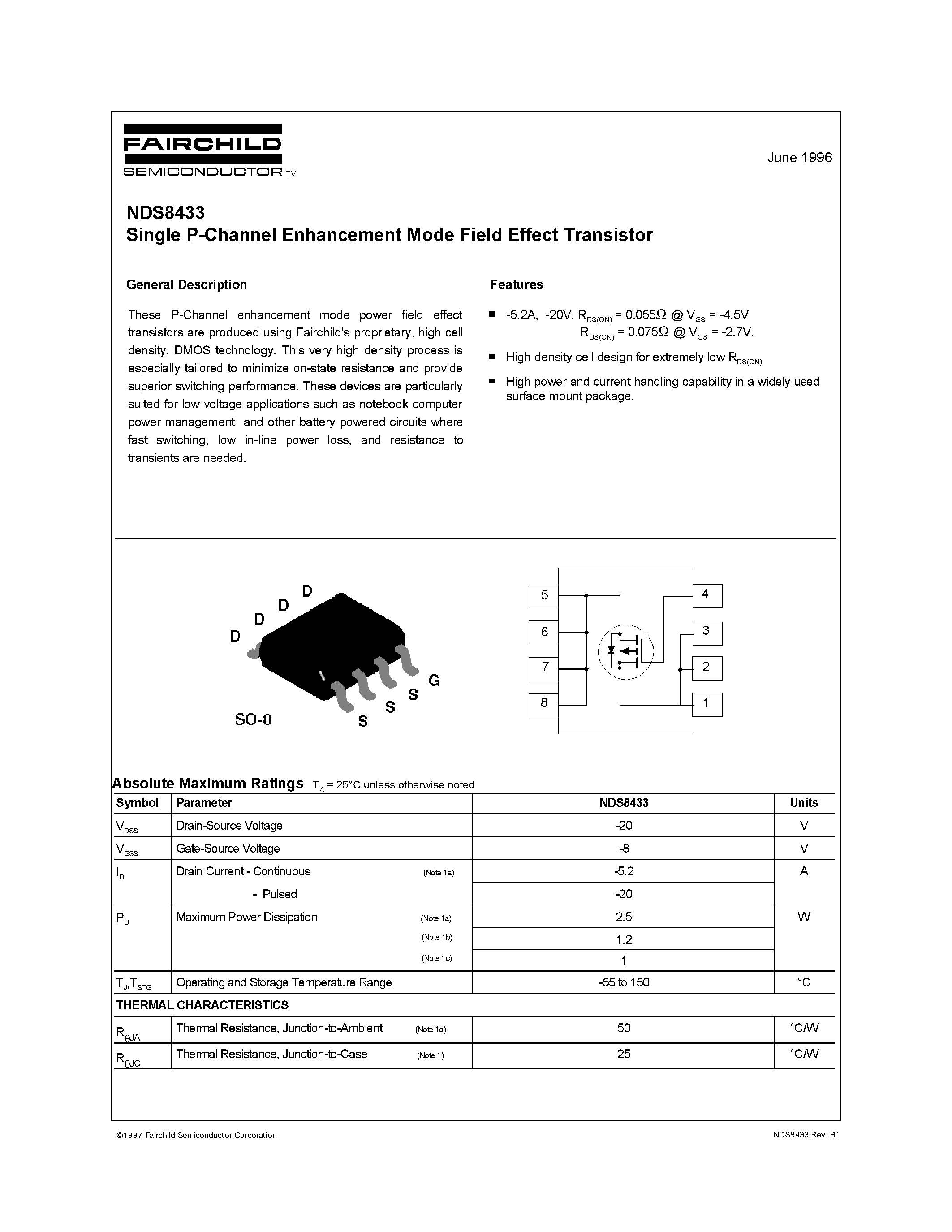 Даташит NDS8433 - Single P-Channel Enhancement Mode Field Effect Transistor страница 1