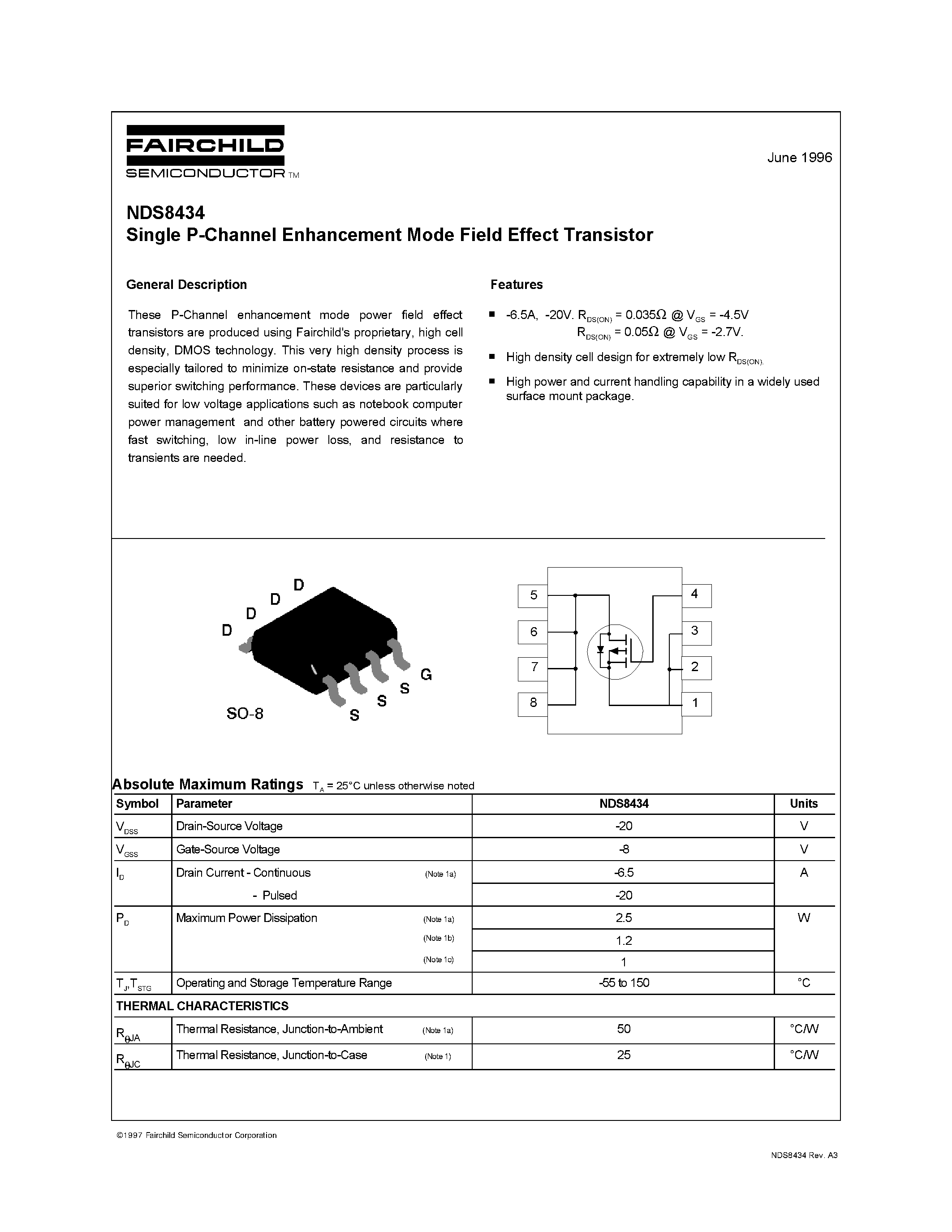 Даташит NDS8434 - Single P-Channel Enhancement Mode Field Effect Transistor страница 1