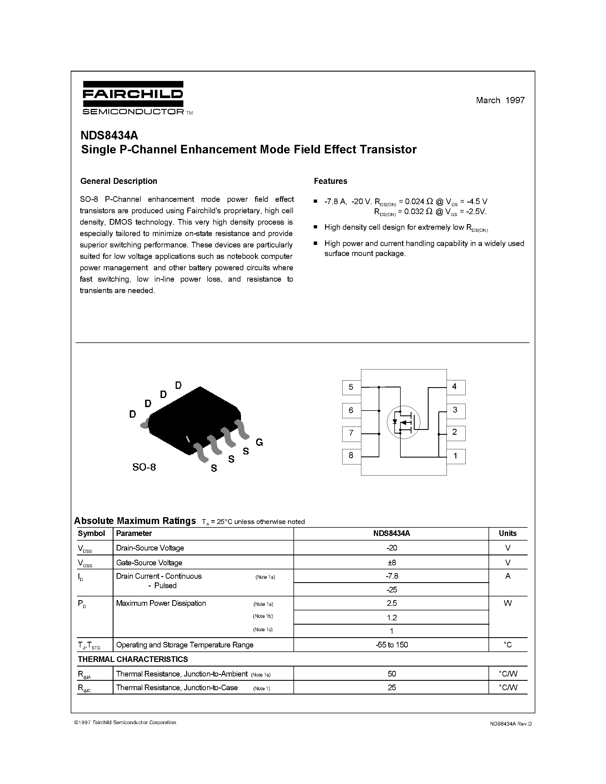 Даташит на микросхему NDS8434A страница 1 Даташит NDS8434A - Single P-Channel Enhancement Mode Field Effect Transistor страница 1