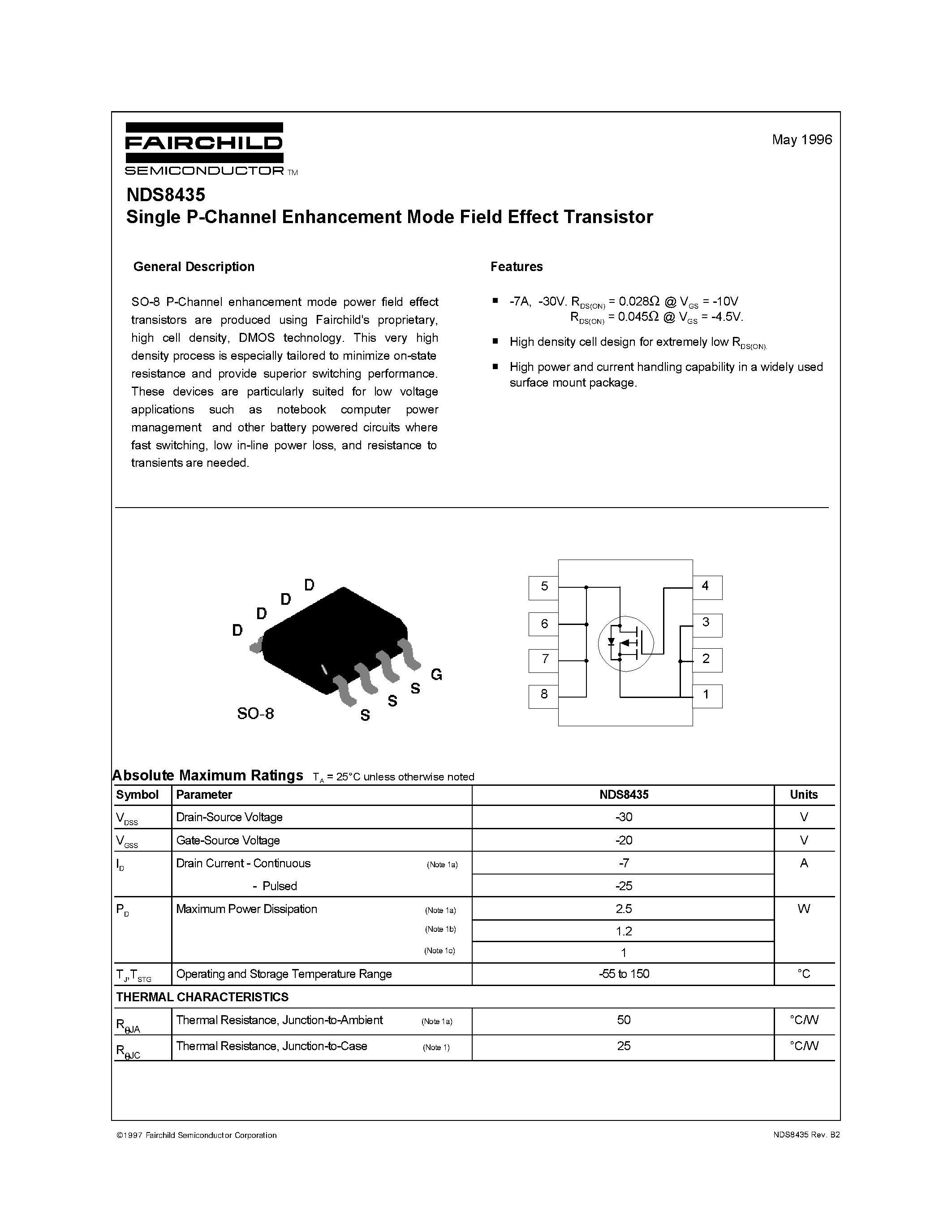 Даташит NDS8435 - Single P-Channel Enhancement Mode Field Effect Transistor страница 1