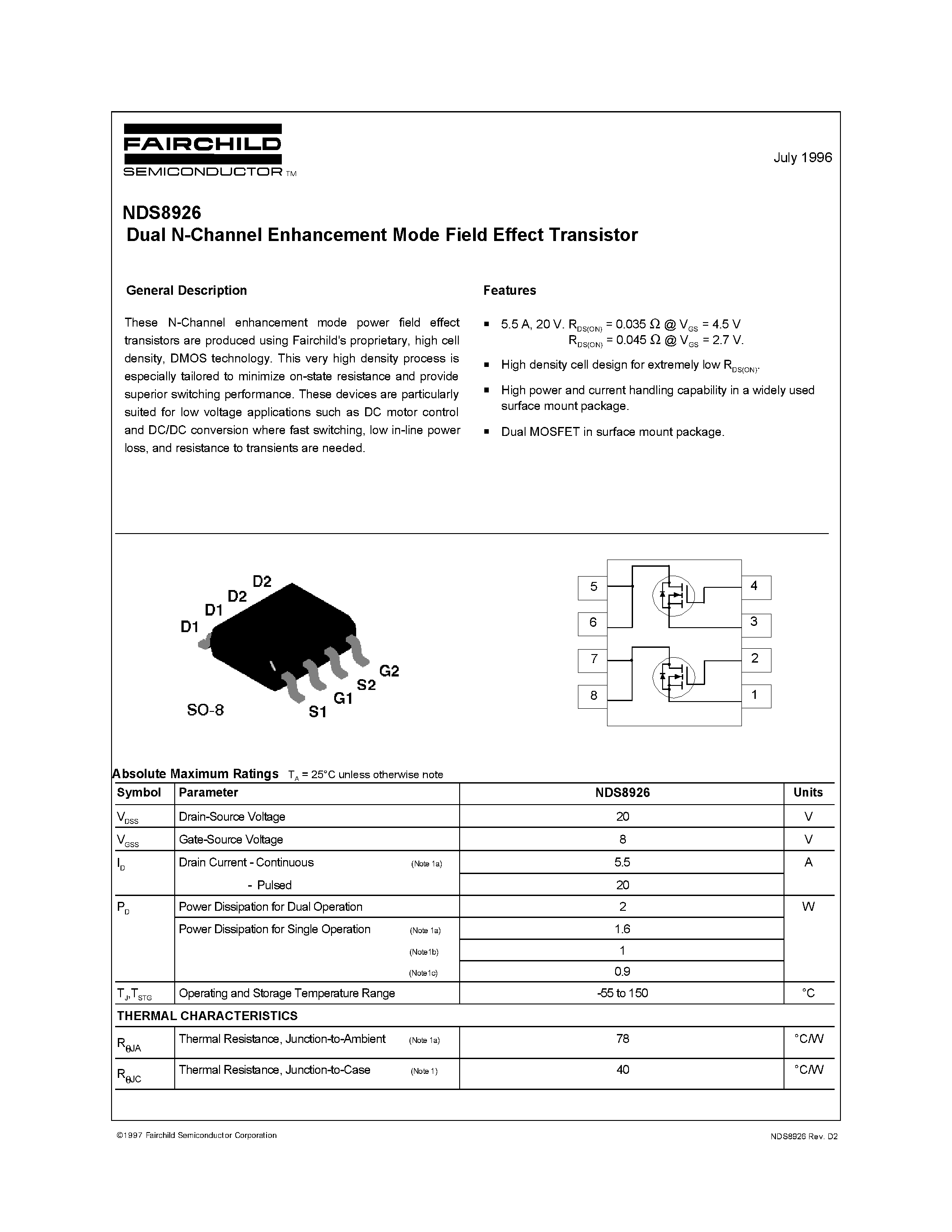 Datasheet NDS8926 - Dual N-Channel Enhancement Mode Field Effect Transistor page 1