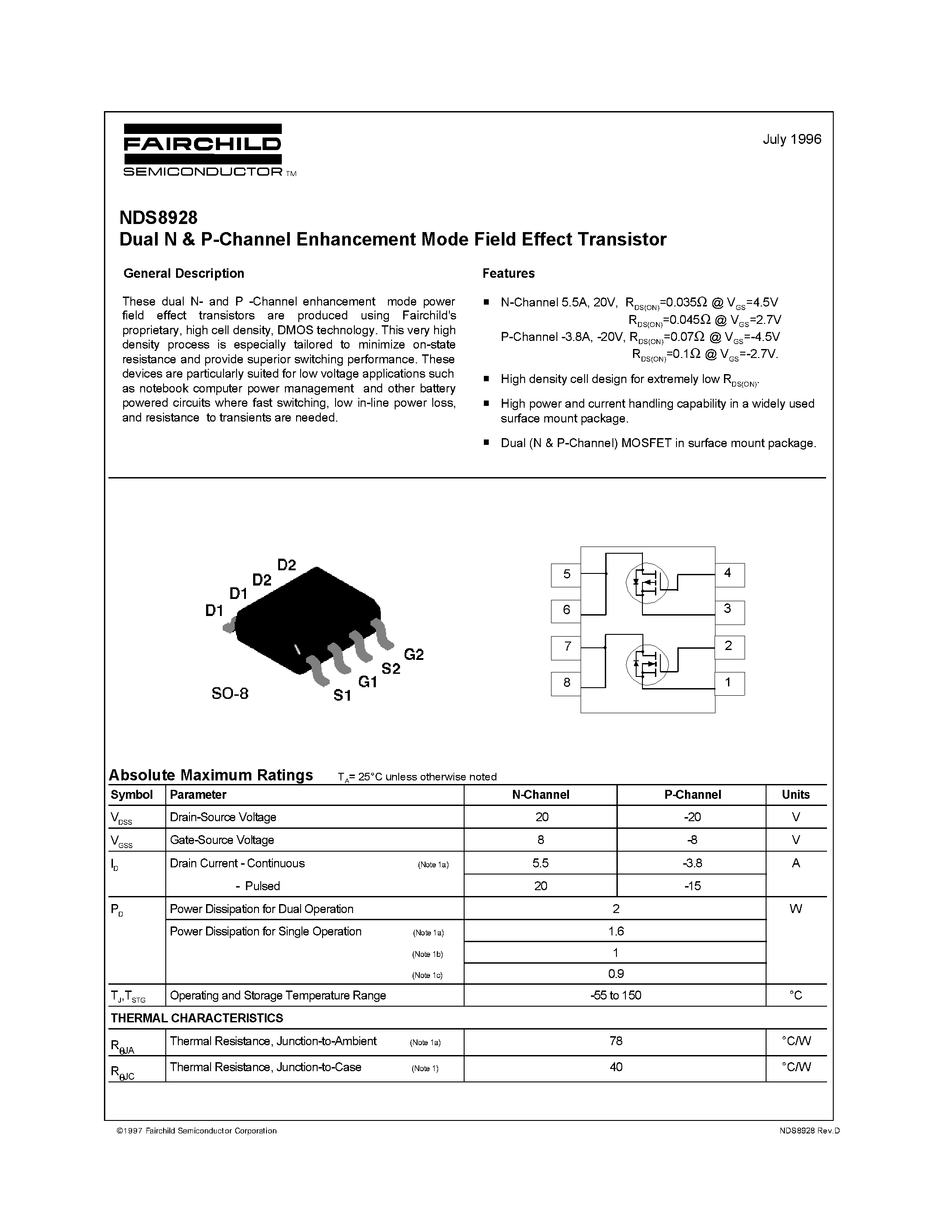 Даташит NDS8928 - Dual N & P-Channel Enhancement Mode Field Effect Transistor страница 1