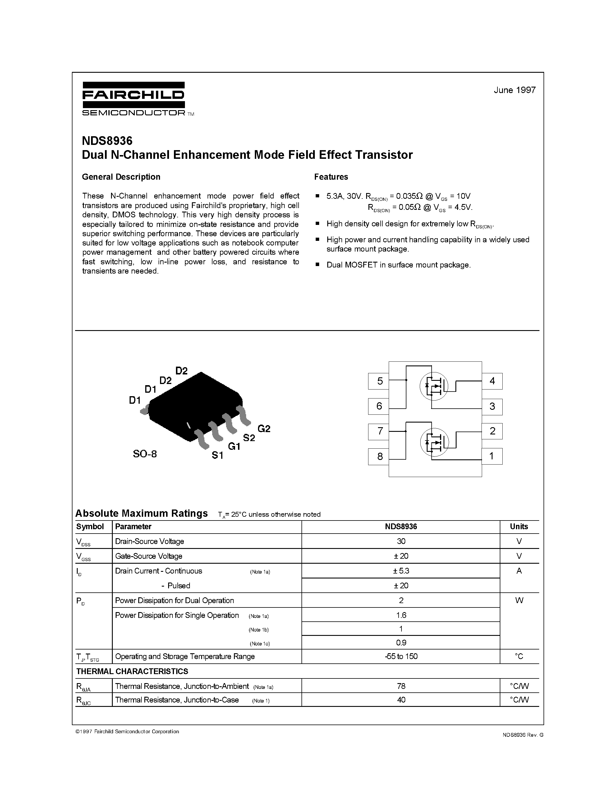 Datasheet NDS8936 - Dual N-Channel Enhancement Mode Field Effect Transistor page 1
