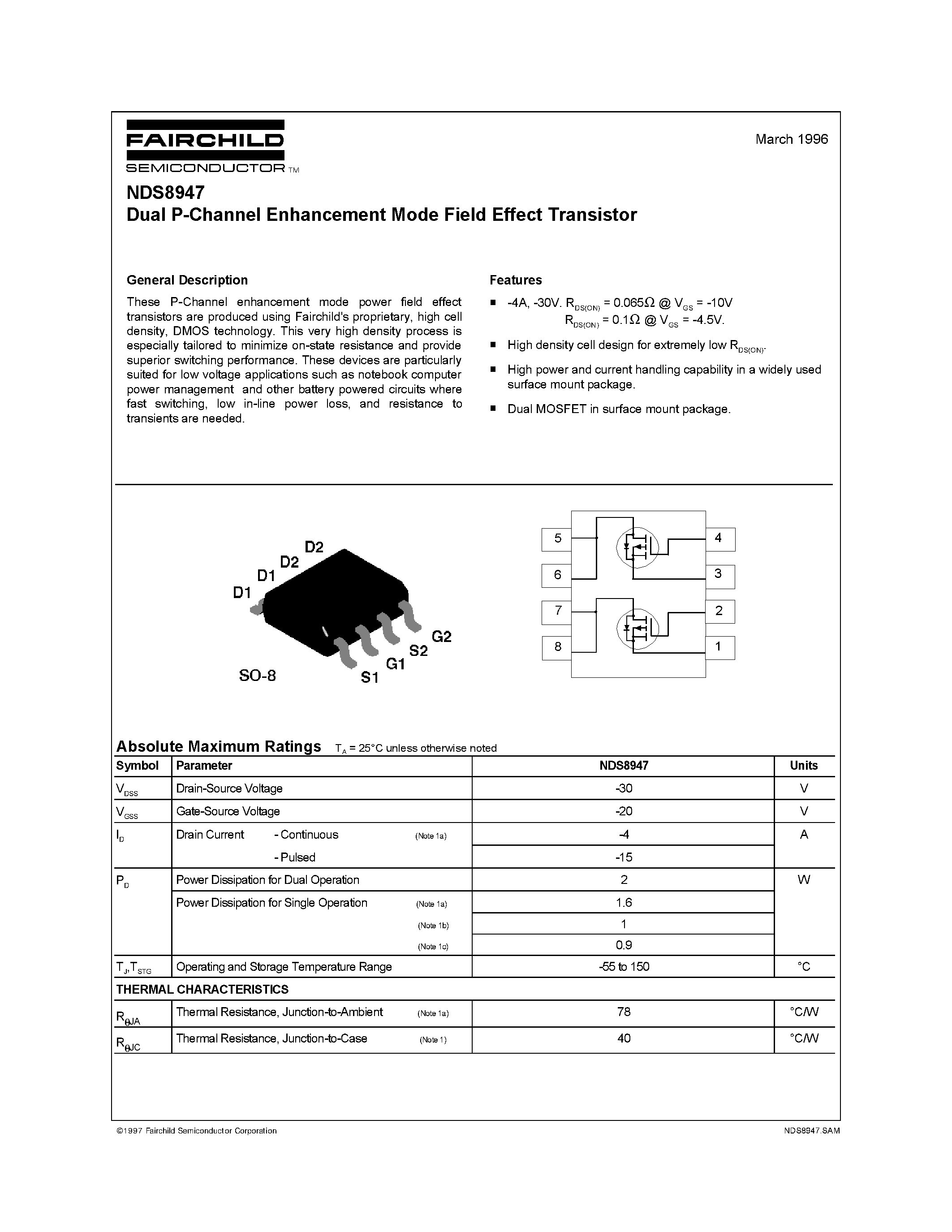 Даташит NDS8947 - Dual P-Channel Enhancement Mode Field Effect Transistor страница 1