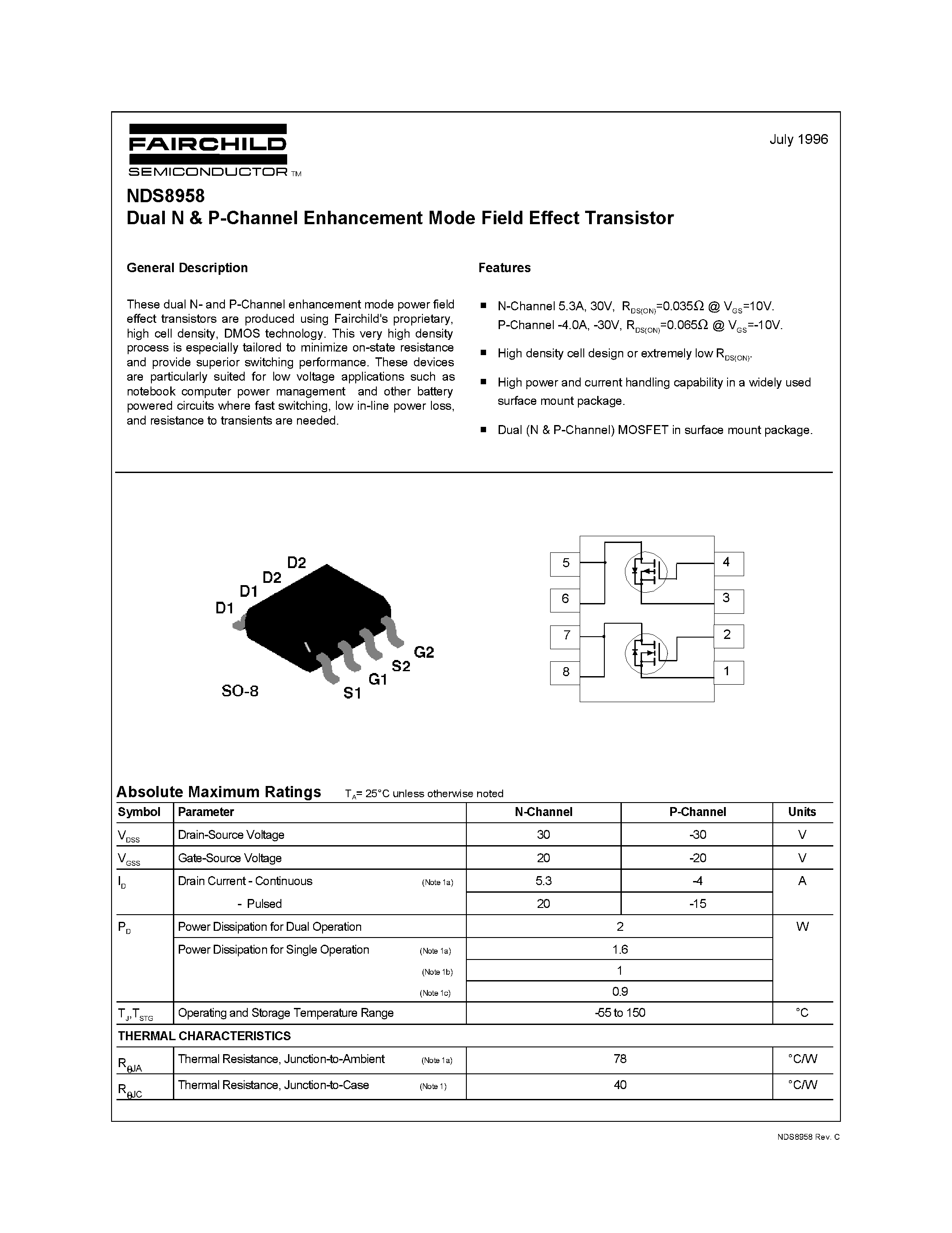 Даташит NDS8958 - Dual N & P-Channel Enhancement Mode Field Effect Transistor страница 1