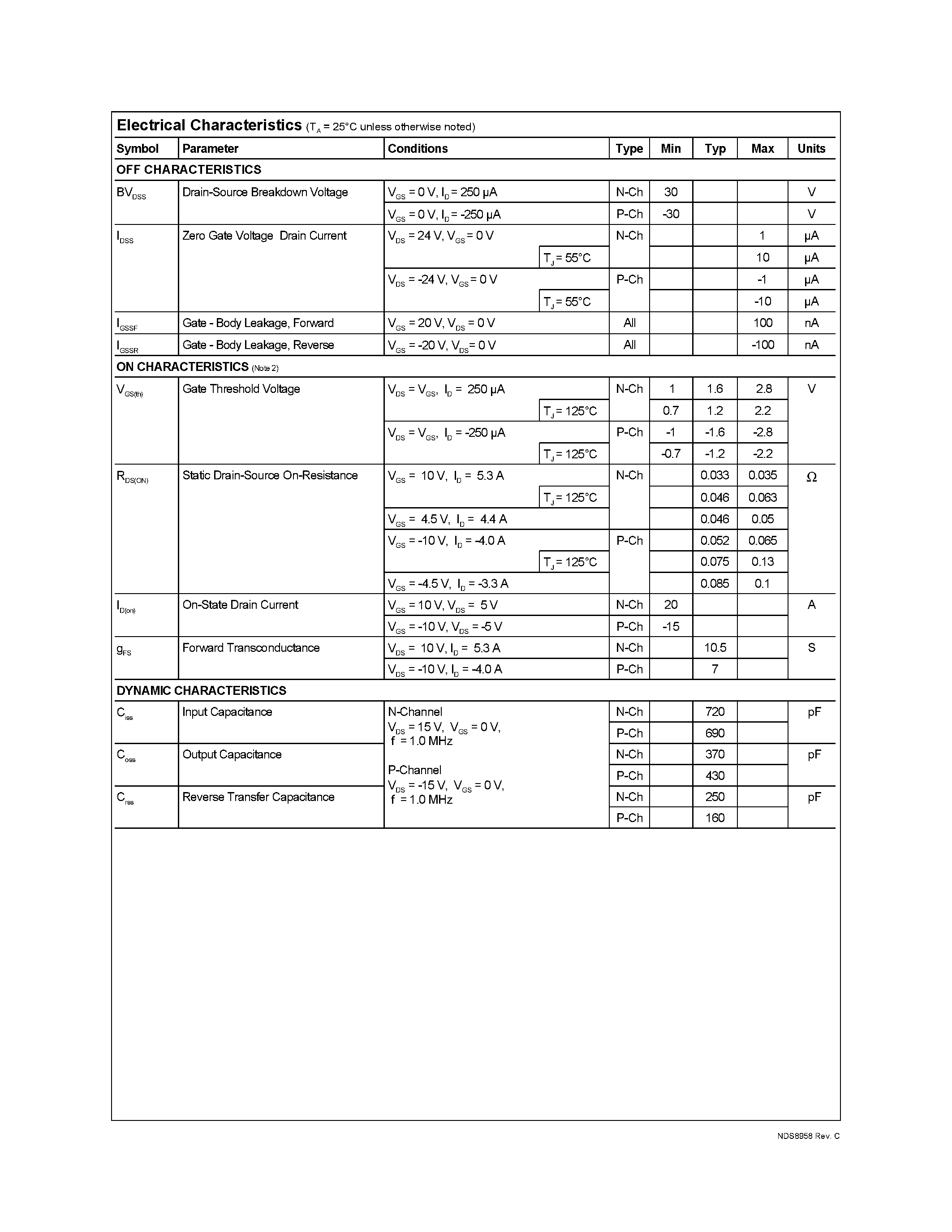 Даташит NDS8958 - Dual N & P-Channel Enhancement Mode Field Effect Transistor страница 2