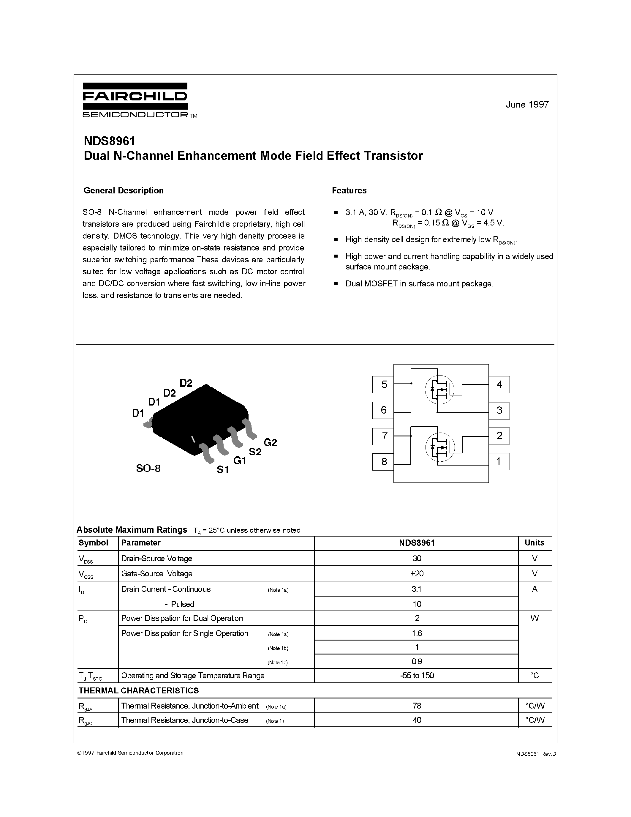 Datasheet NDS8961 - Dual N-Channel Enhancement Mode Field Effect Transistor page 1