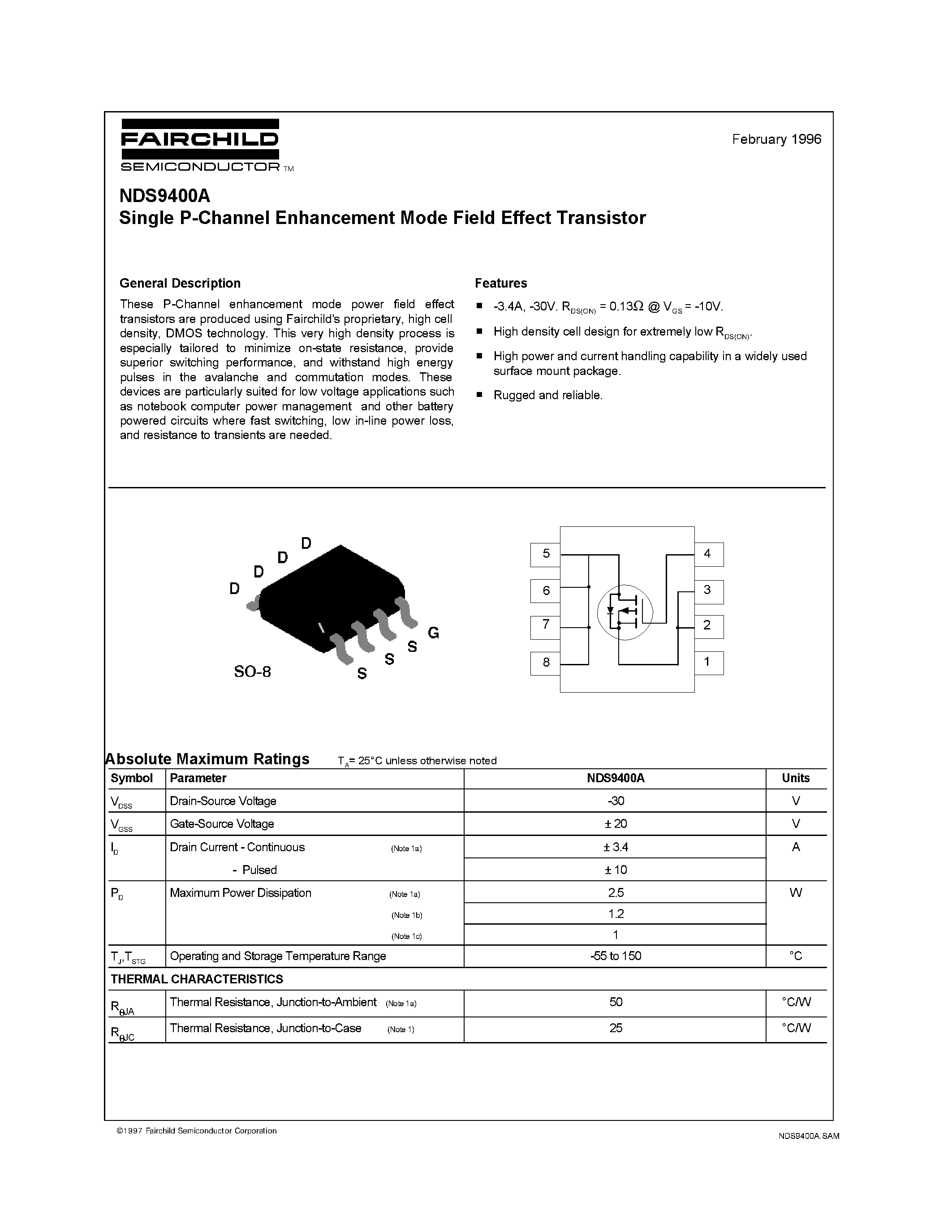 Даташит NDS9400 - Single P-Channel Enhancement Mode Field Effect Transistor страница 1
