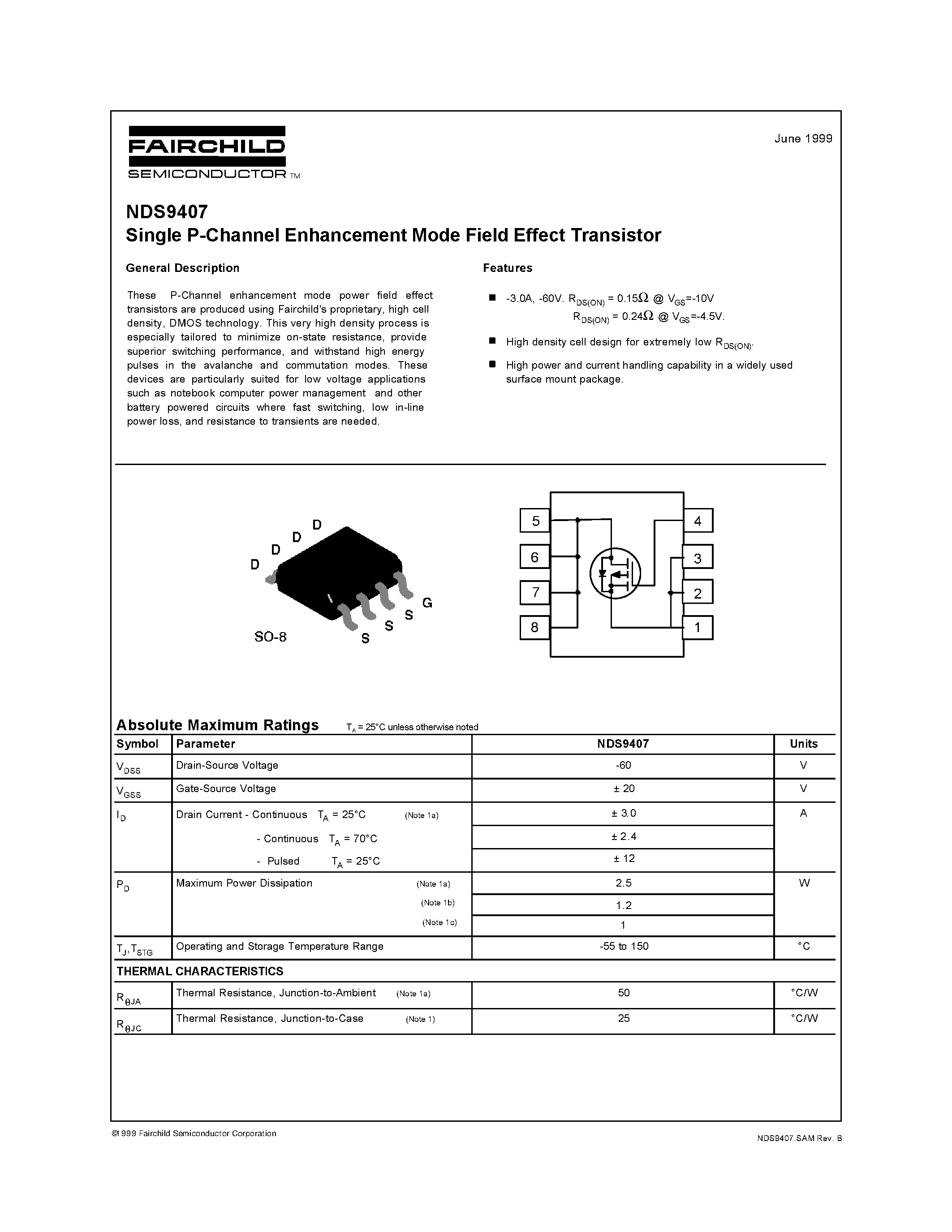 Даташит NDS9407 - Single P-Channel Enhancement Mode Field Effect Transistor страница 1