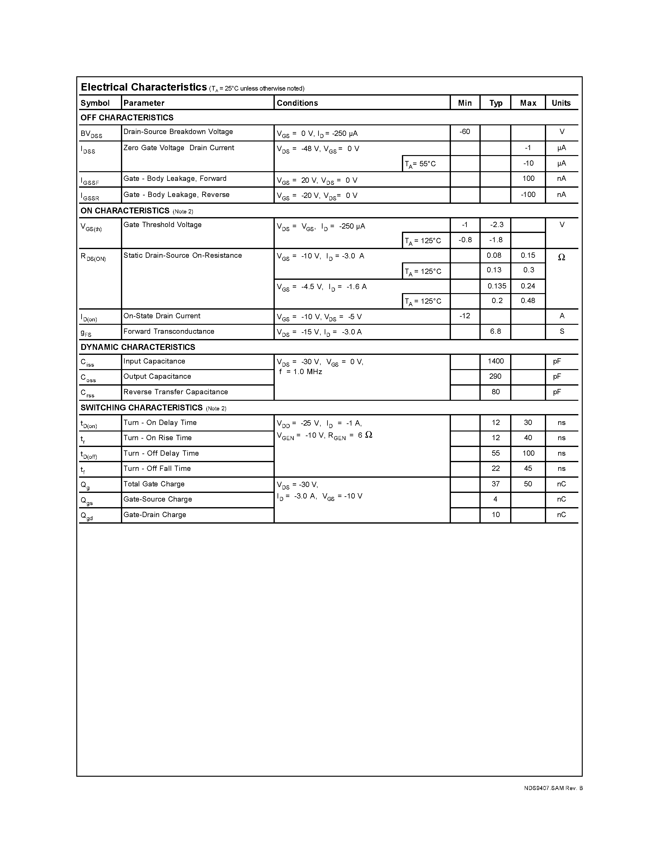 Даташит NDS9407 - Single P-Channel Enhancement Mode Field Effect Transistor страница 2