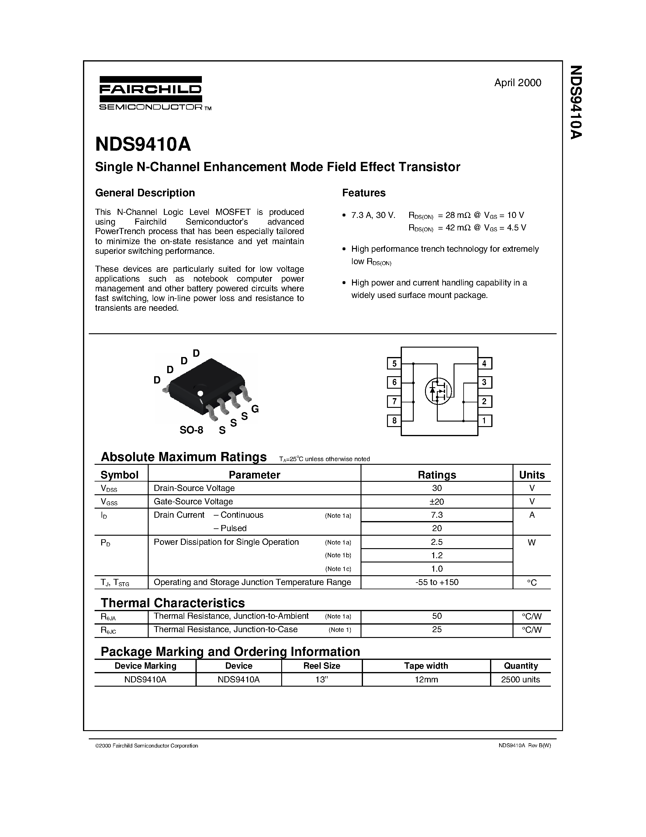 Datasheet NDS9410A - Single N-Channel Enhancement Mode Field Effect Transistor page 1
