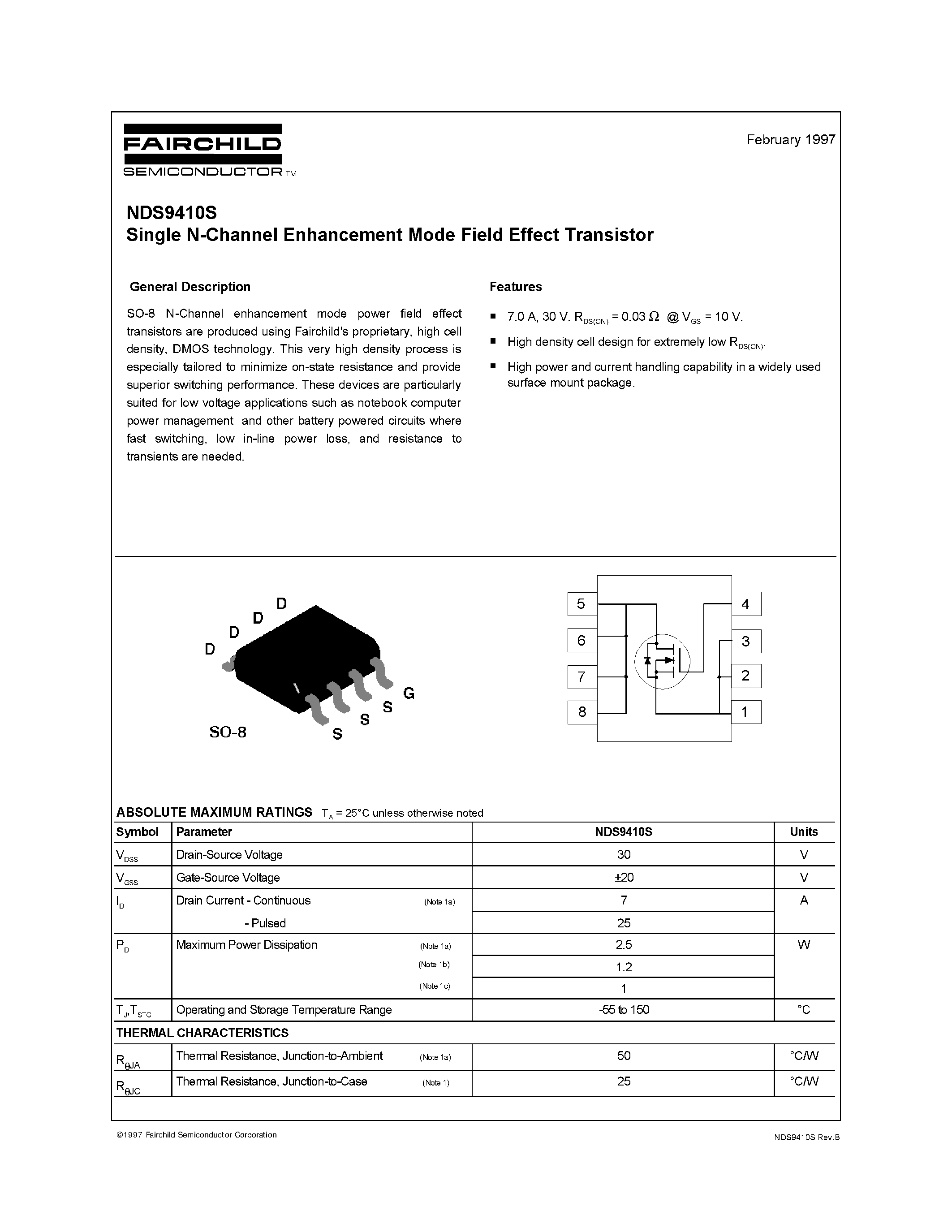 Datasheet NDS9410S - Single N-Channel Enhancement Mode Field Effect Transistor page 1