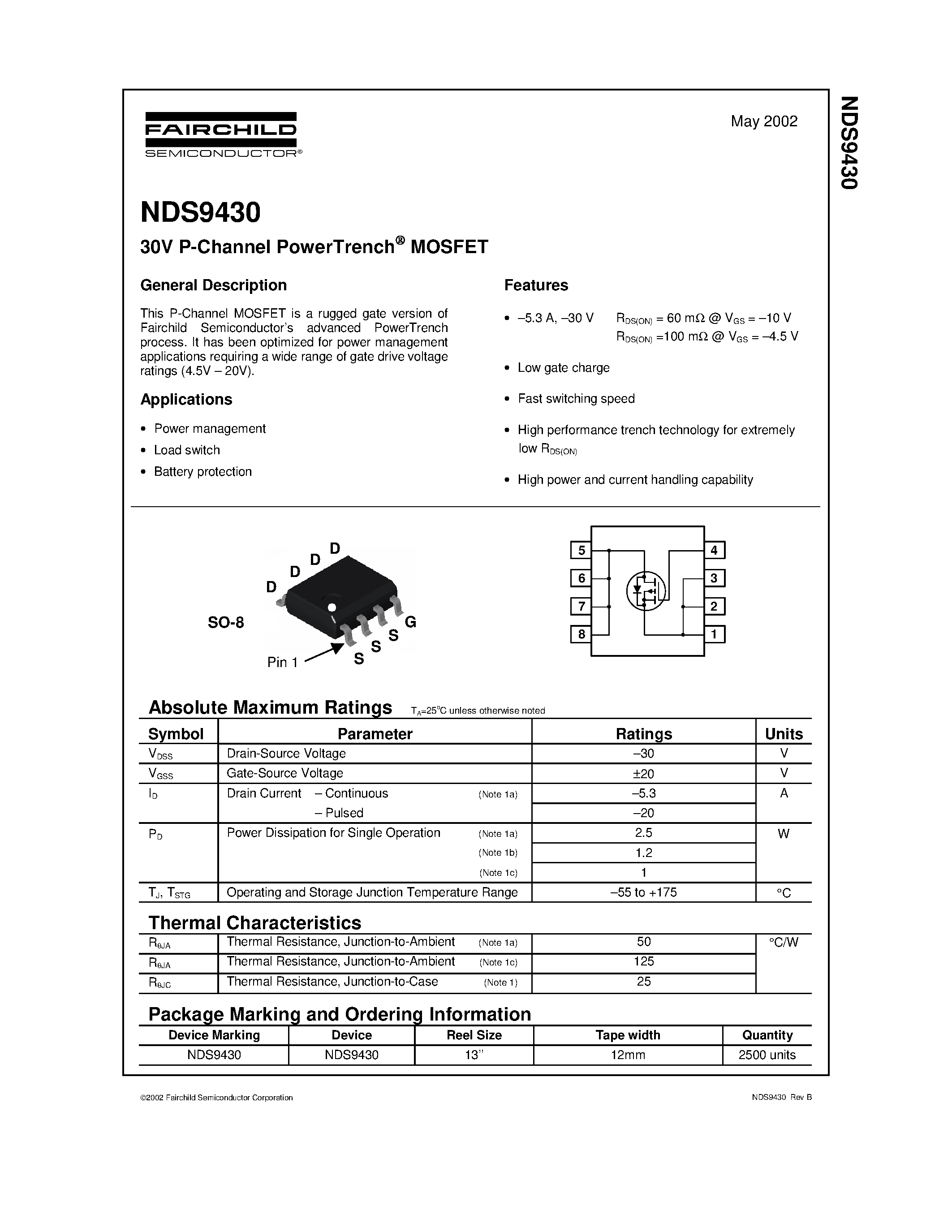Даташит NDS9430 - Single P-Channel Enhancement Mode Field Effect Transistor страница 1