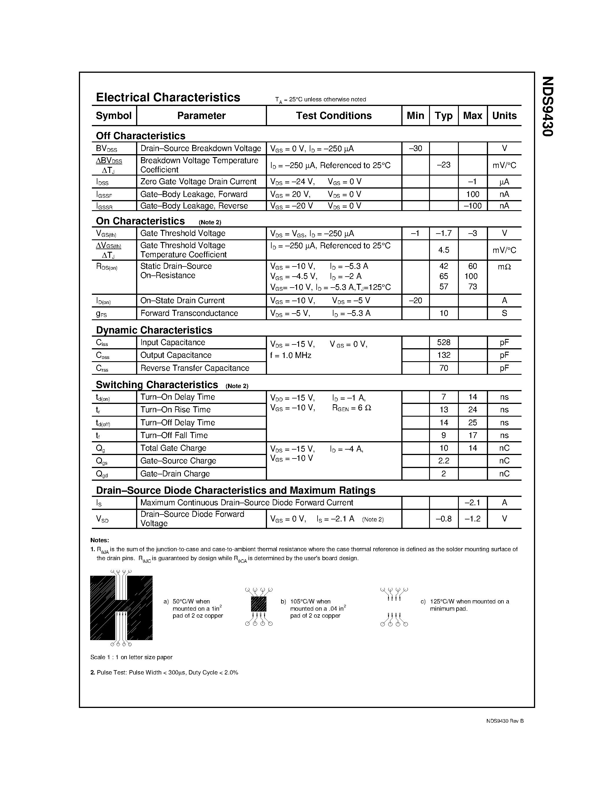 Даташит NDS9430 - Single P-Channel Enhancement Mode Field Effect Transistor страница 2