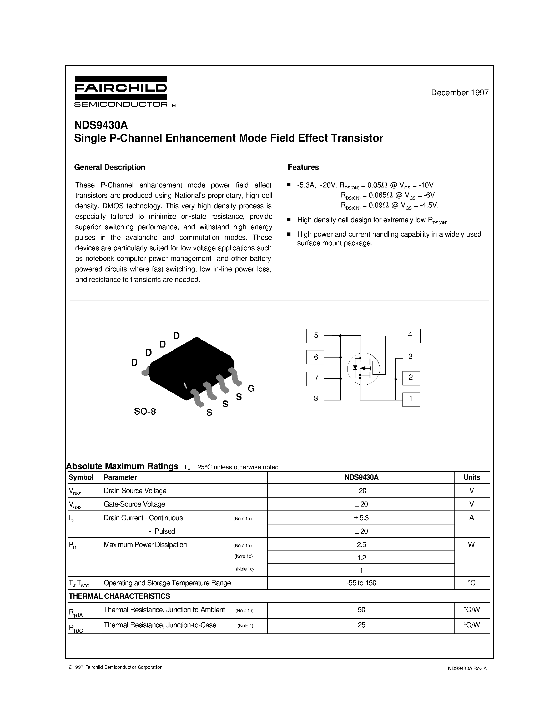 Даташит NDS9430A - Single P-Channel Enhancement Mode Field Effect Transistor страница 1