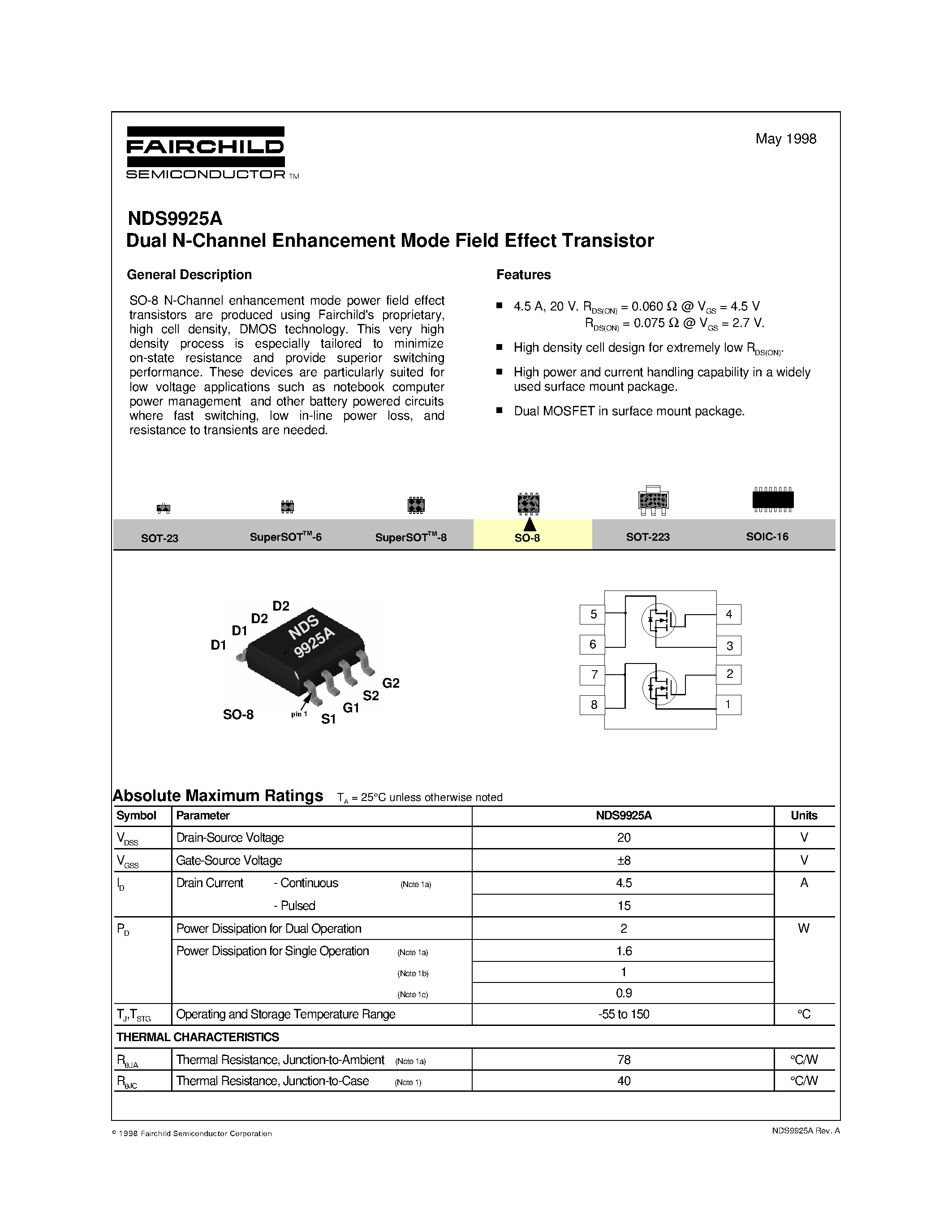 Datasheet NDS9925A - Dual N-Channel Enhancement Mode Field Effect Transistor page 1