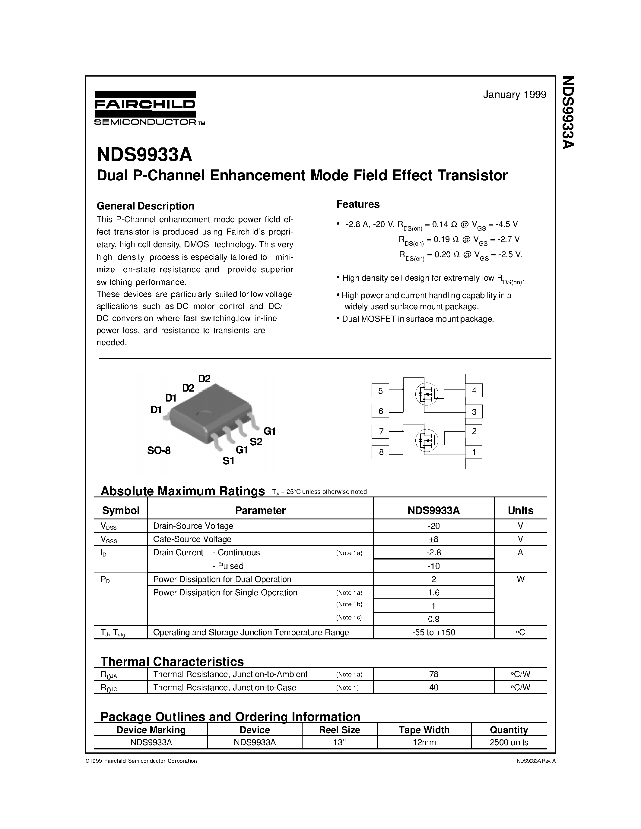 Даташит NDS9933 - Dual P-Channel Enhancement Mode Field Effect Transistor страница 1