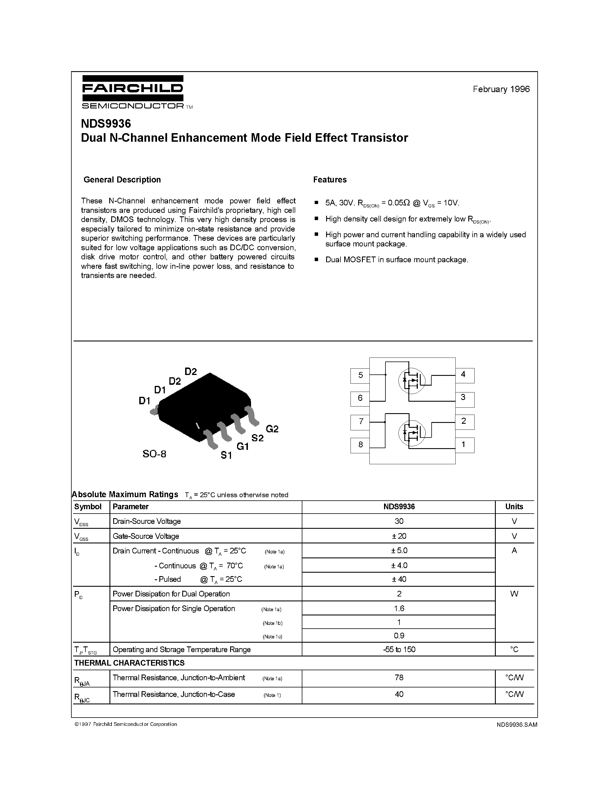 Datasheet NDS9936 - Dual N-Channel Enhancement Mode Field Effect Transistor page 1