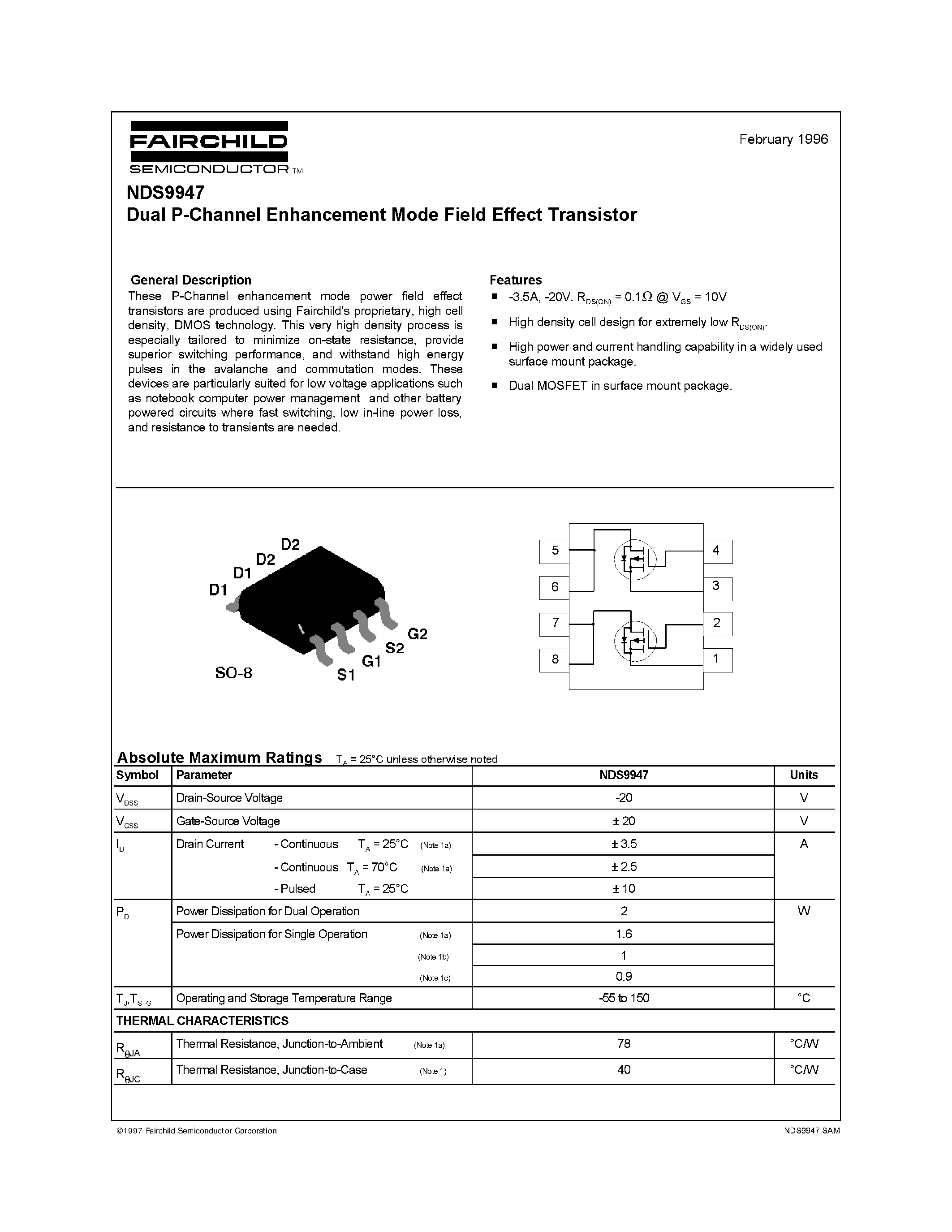Даташит NDS9947 - Dual P-Channel Enhancement Mode Field Effect Transistor страница 1