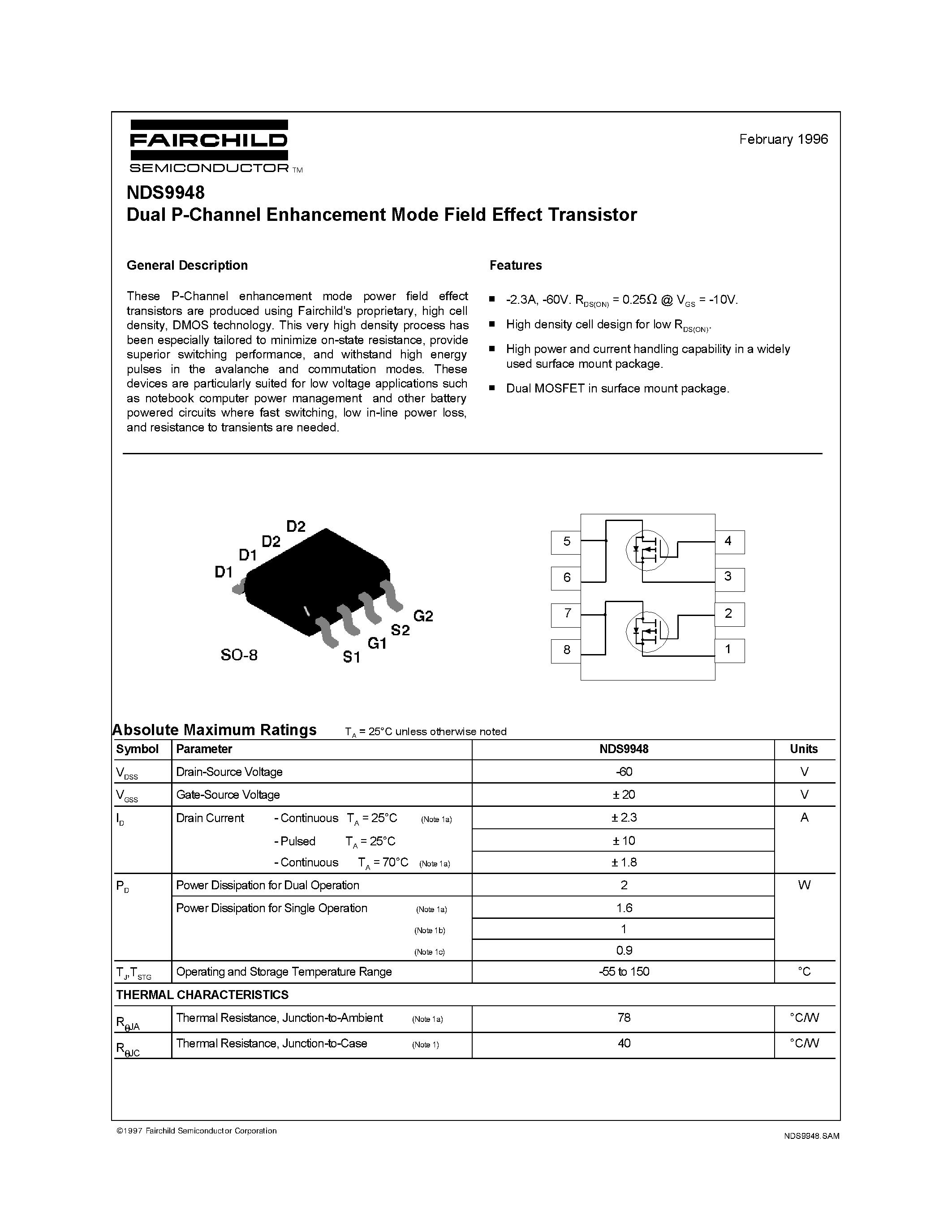 Даташит NDS9948 - Dual P-Channel Enhancement Mode Field Effect Transistor страница 1