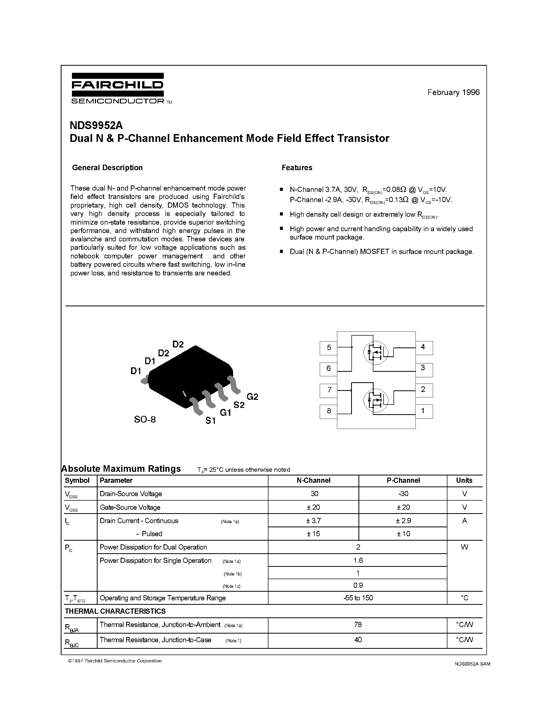 Даташит NDS9952A - Dual N & P-Channel Enhancement Mode Field Effect Transistor страница 1