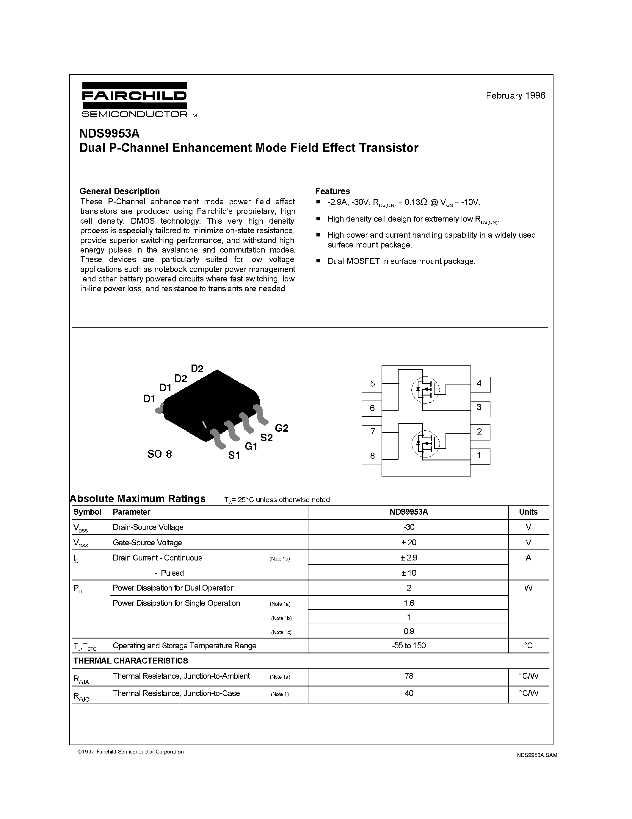 Даташит NDS9953A - Dual P-Channel Enhancement Mode Field Effect Transistor страница 1