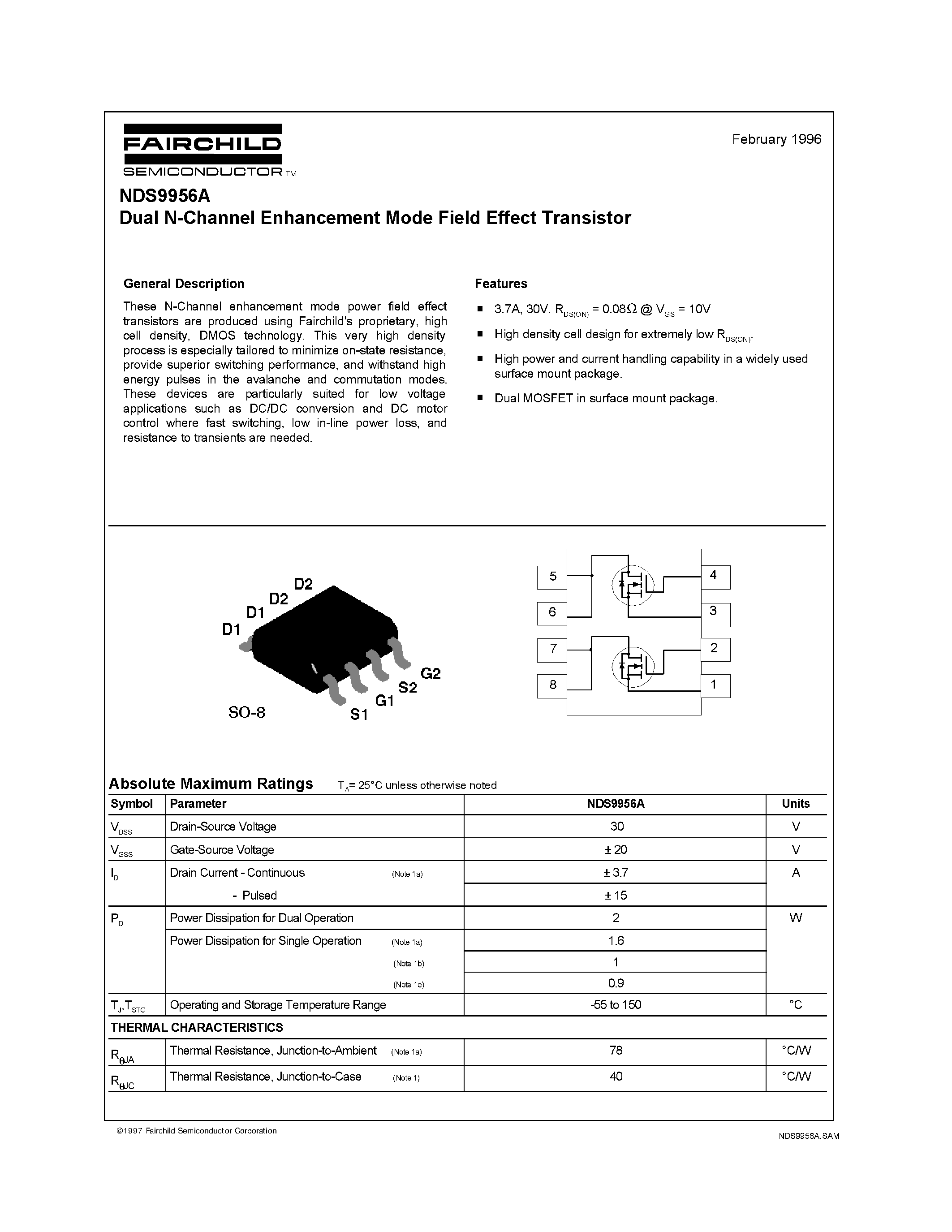 Datasheet NDS9956 page 1 Datasheet NDS9956 - Dual N-Channel Enhancement Mode Field Effect Transistor page 1