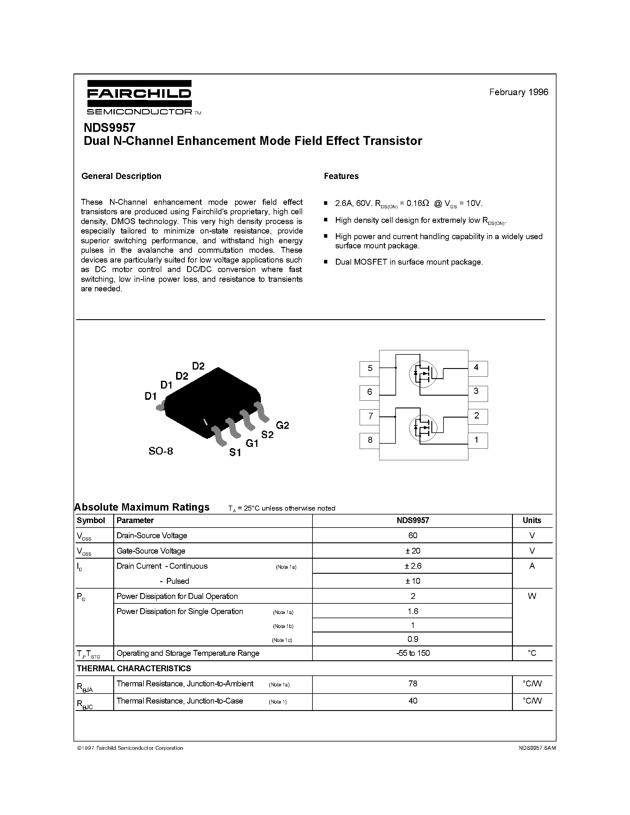 Datasheet NDS9957 - Dual N-Channel Enhancement Mode Field Effect Transistor page 1