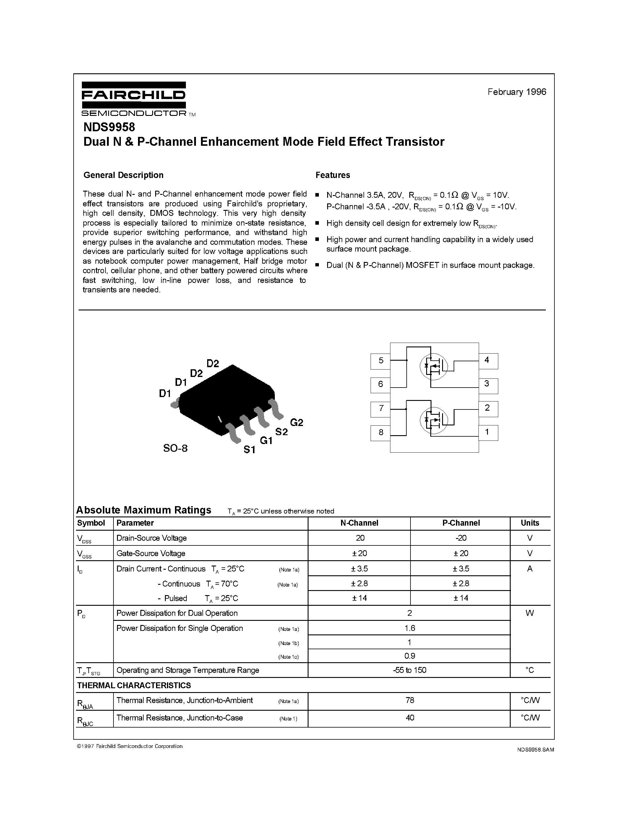 Datasheet NDS9958 - Dual N & P-Channel Enhancement Mode Field Effect Transistor page 1