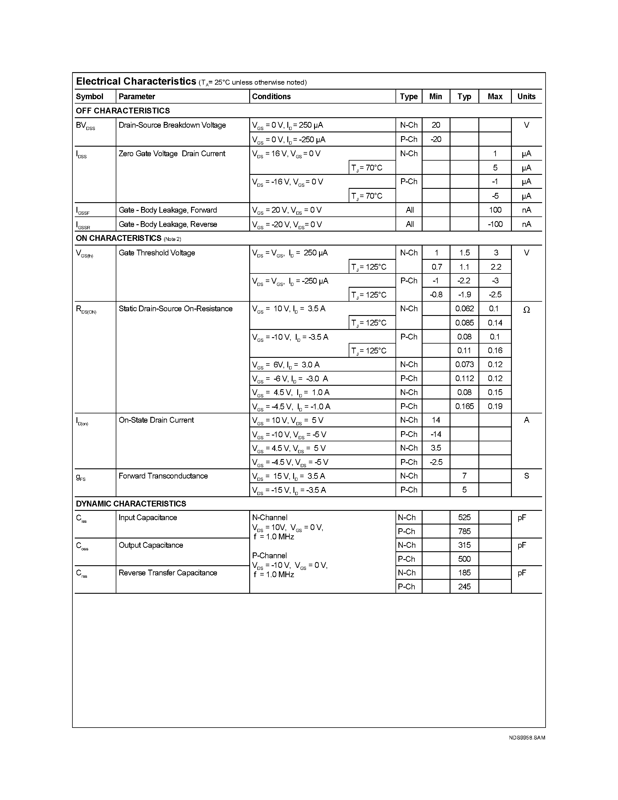 Datasheet NDS9958 - Dual N & P-Channel Enhancement Mode Field Effect Transistor page 2