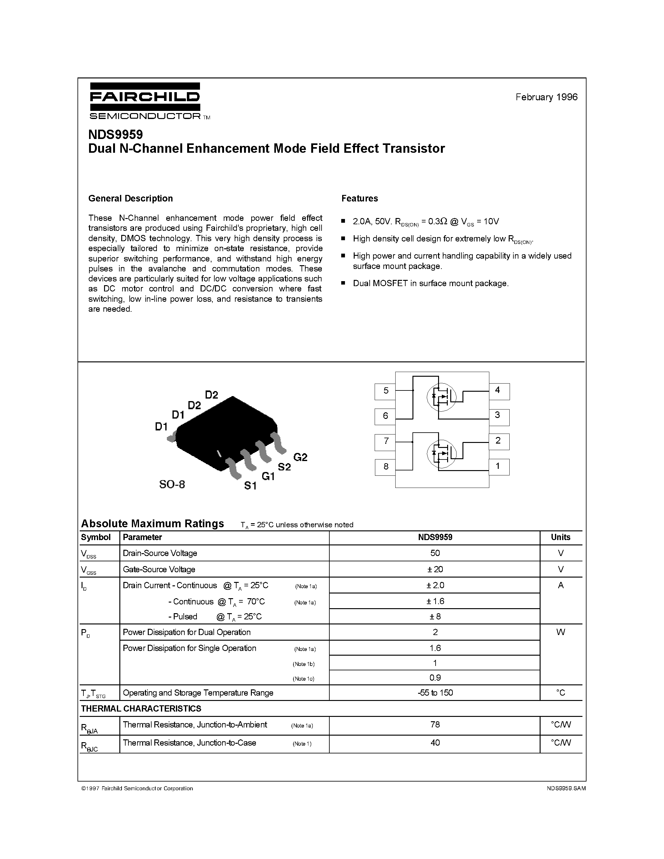 Datasheet NDS9959 - Dual N-Channel Enhancement Mode Field Effect Transistor page 1