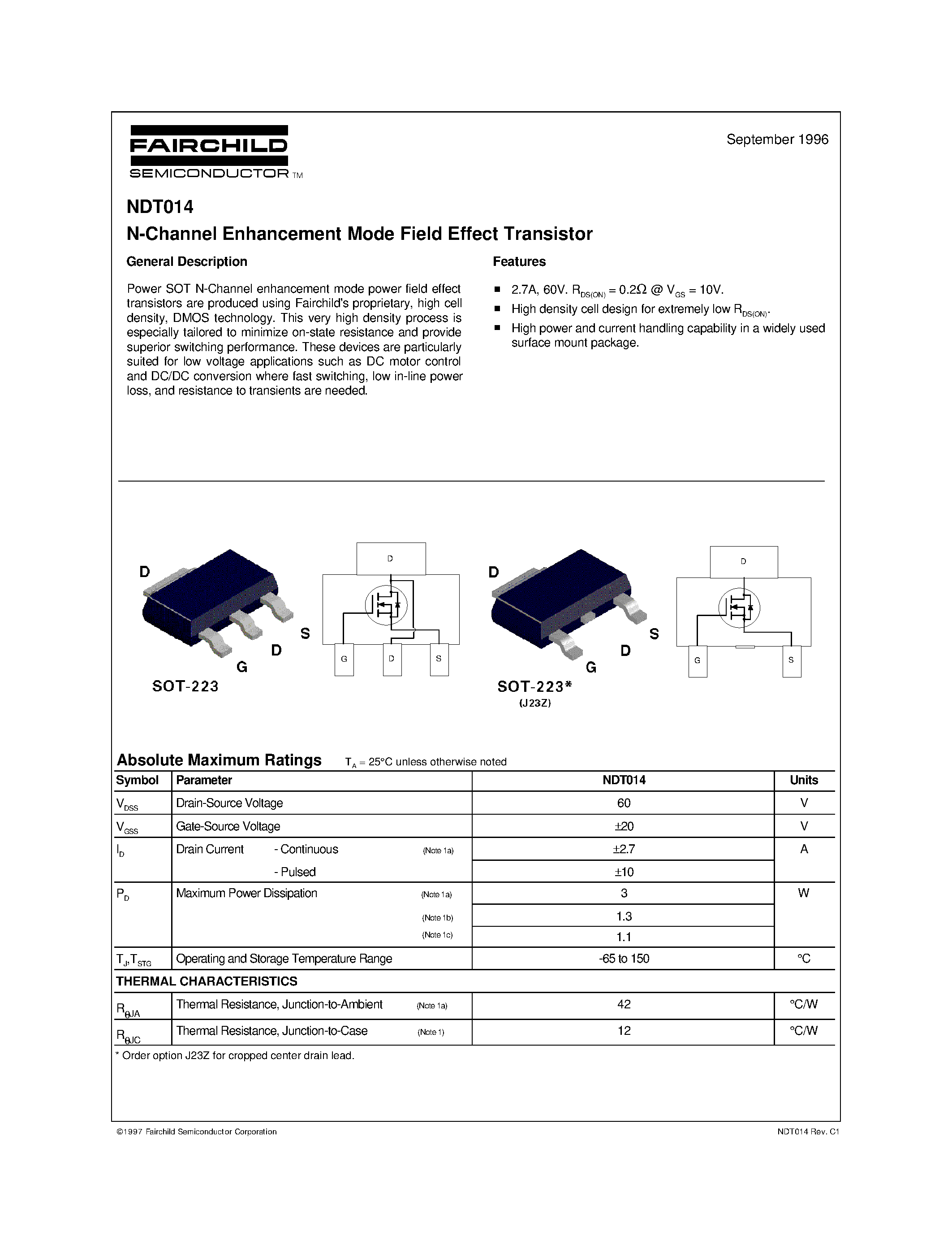 Datasheet NDT014 page 1 Datasheet NDT014 - N-Channel Enhancement Mode Field Effect Transistor page 1