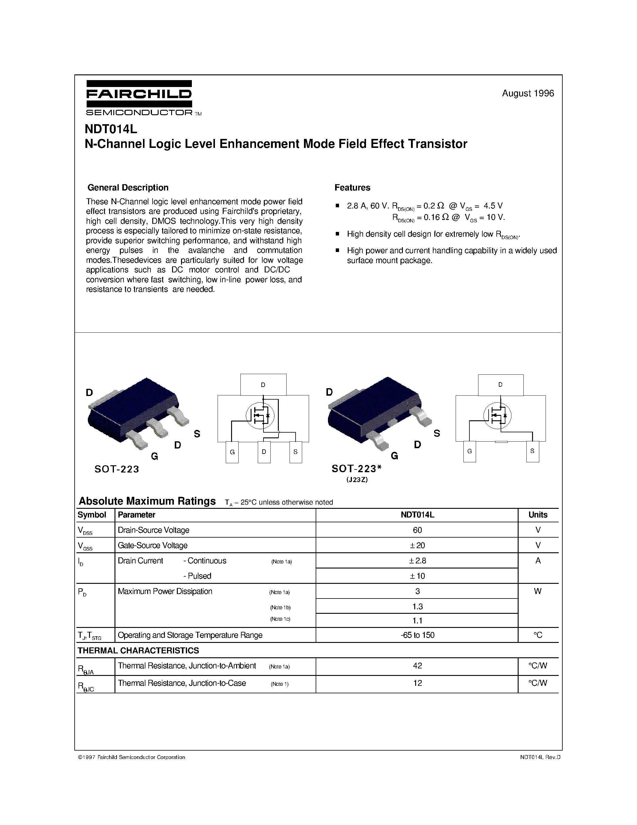 Datasheet NDT014L page 1 Datasheet NDT014L - N-Channel Logic Level Enhancement Mode Field Effect Transistor page 1