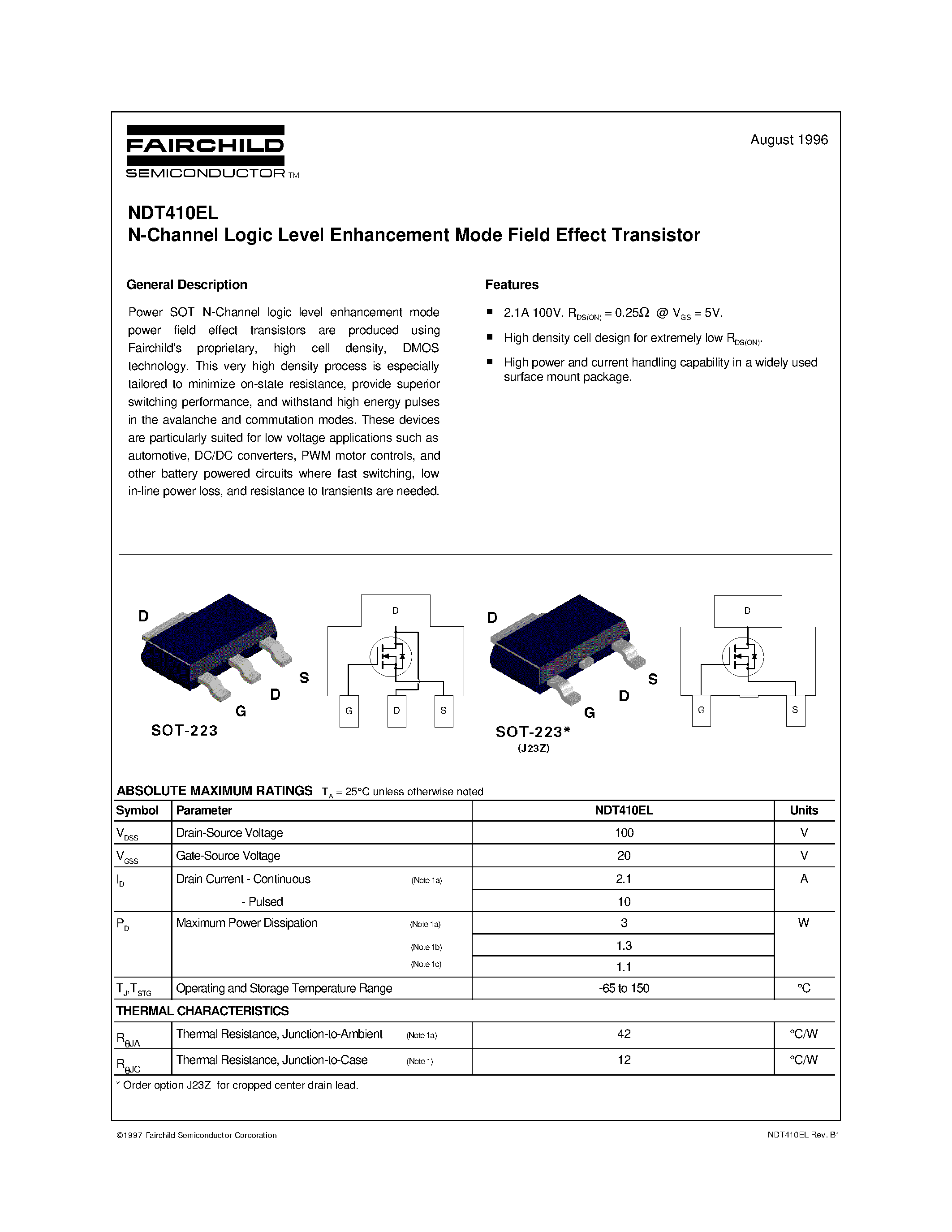 Datasheet NDT410EL - N-Channel Logic Level Enhancement Mode Field Effect Transistor page 1