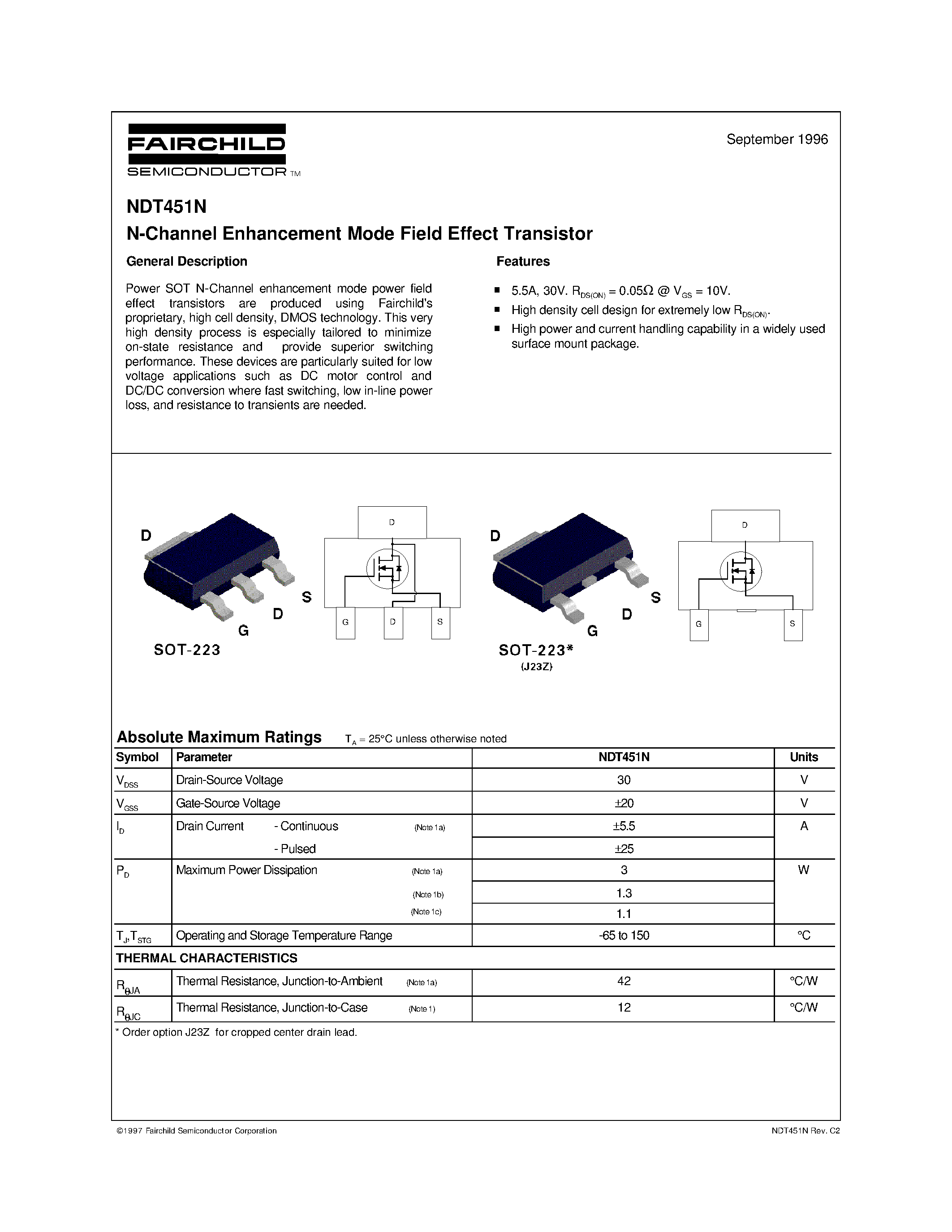 Datasheet NDT451 - N-Channel Enhancement Mode Field Effect Transistor page 1