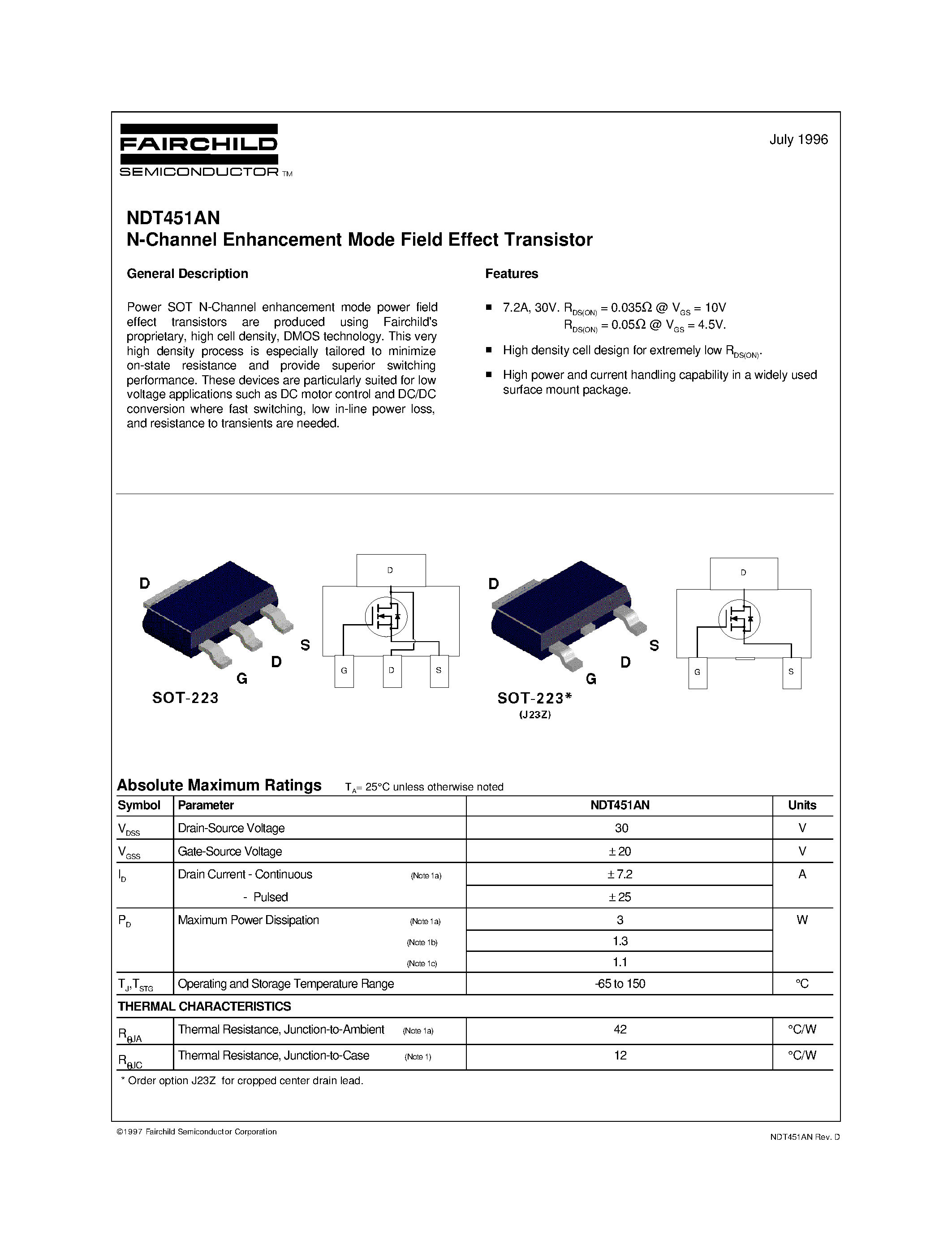 Datasheet NDT451AN page 1 Datasheet NDT451AN - N-Channel Enhancement Mode Field Effect Transistor page 1