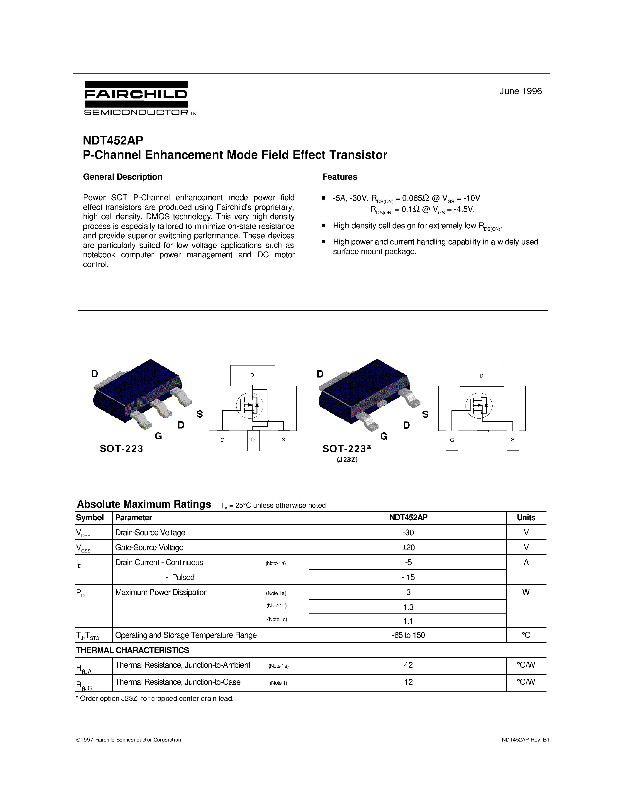 Даташит NDT452 - P-Channel Enhancement Mode Field Effect Transistor страница 1