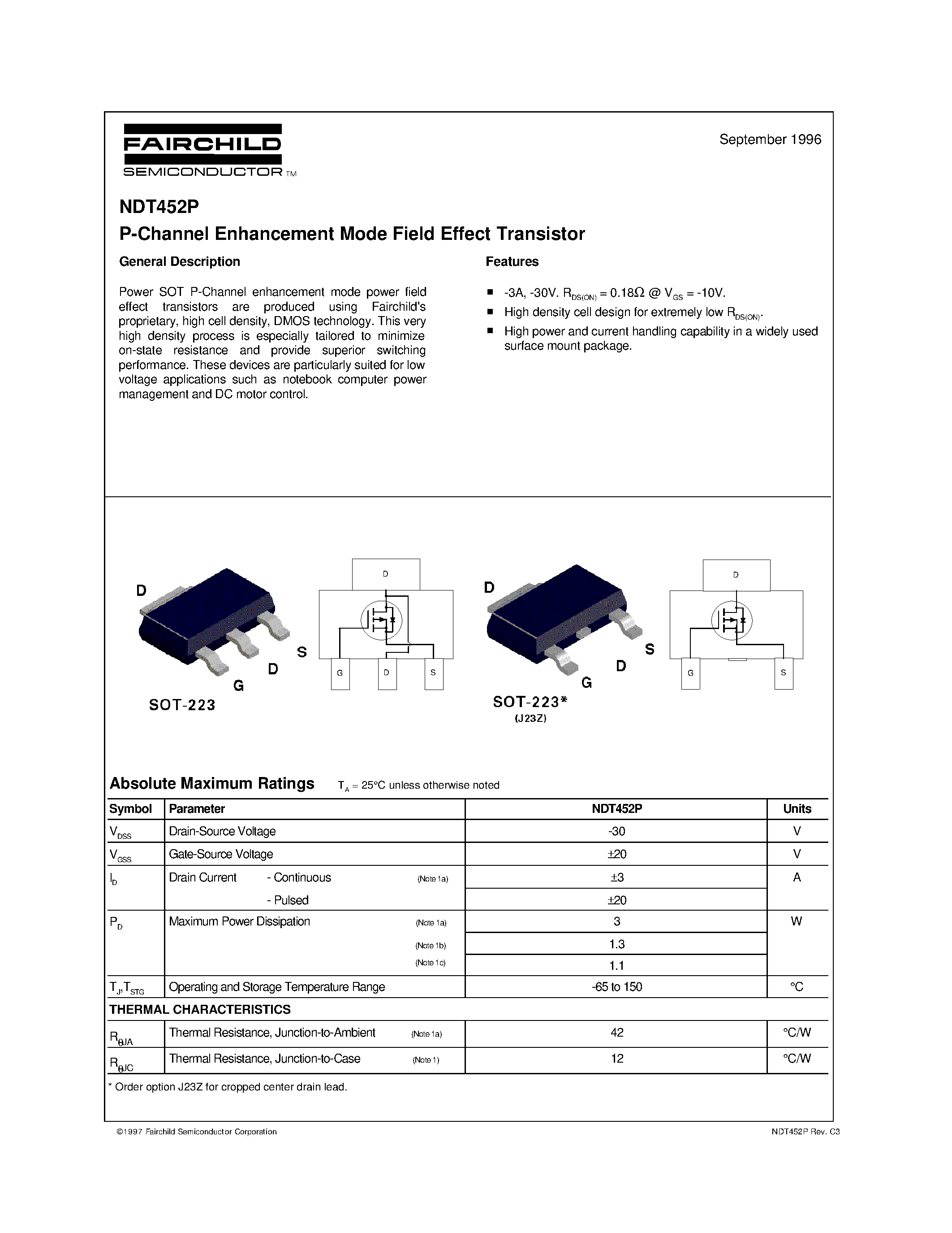 Даташит NDT452P - P-Channel Enhancement Mode Field Effect Transistor страница 1