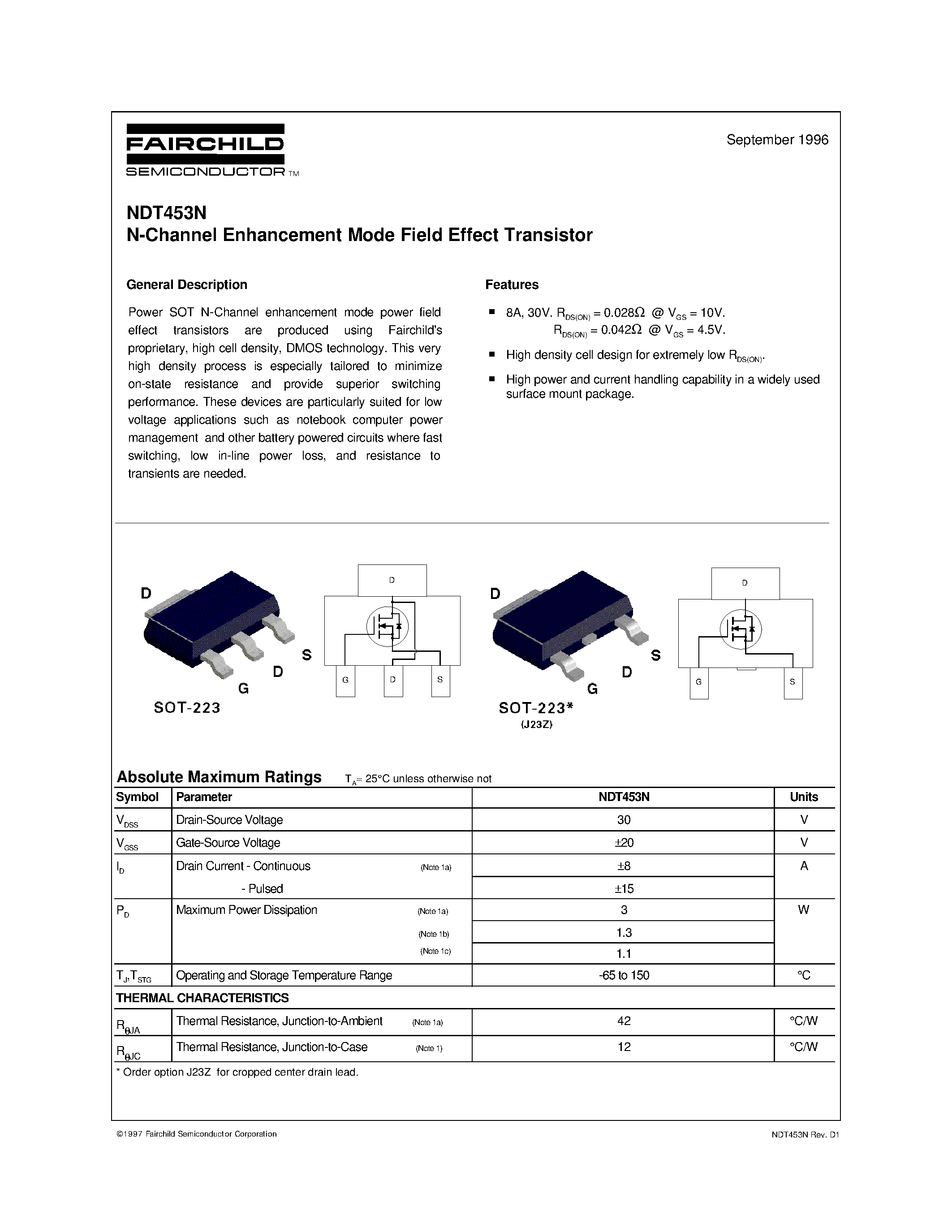 Datasheet NDT453N page 1 Datasheet NDT453N - N-Channel Enhancement Mode Field Effect Transistor page 1
