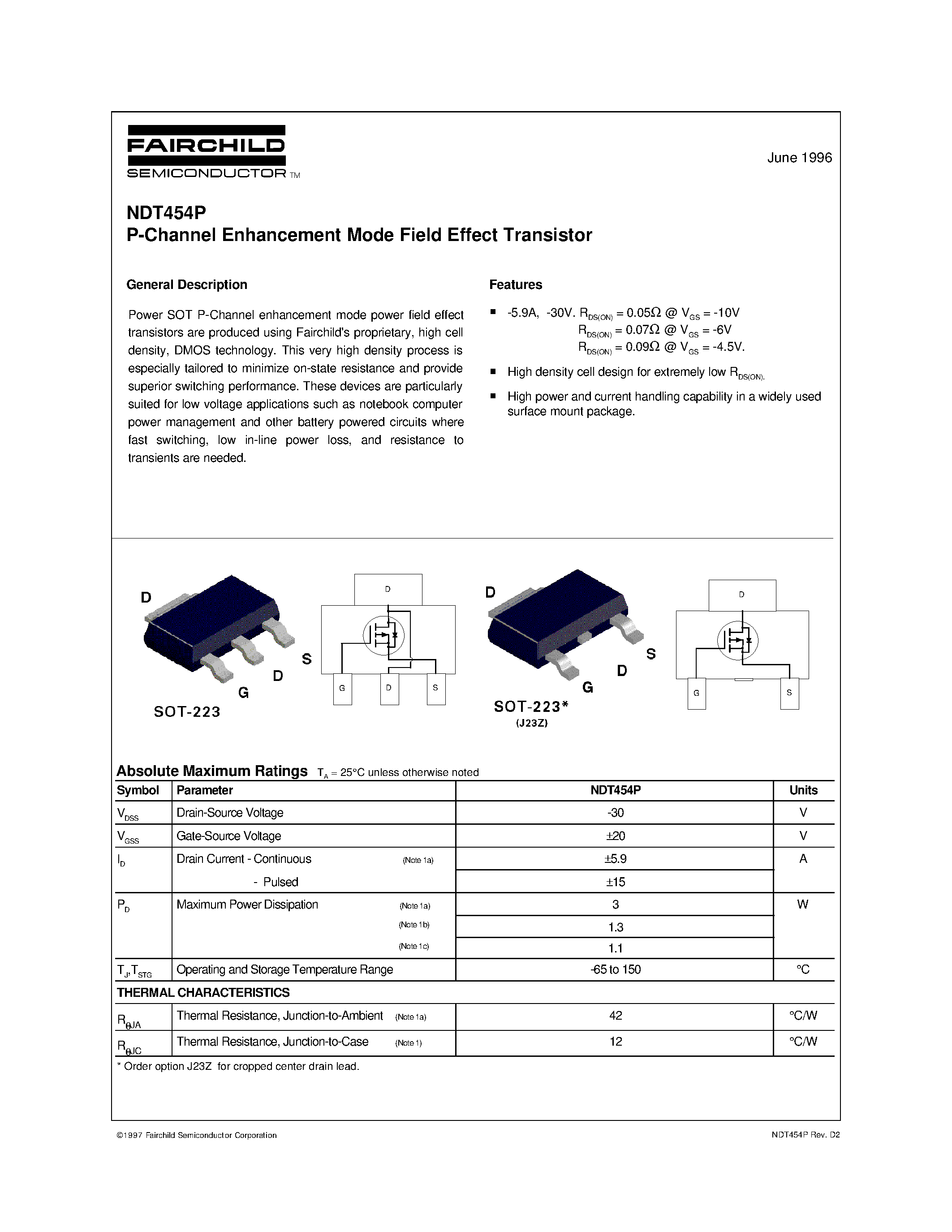Даташит NDT454 - P-Channel Enhancement Mode Field Effect Transistor страница 1