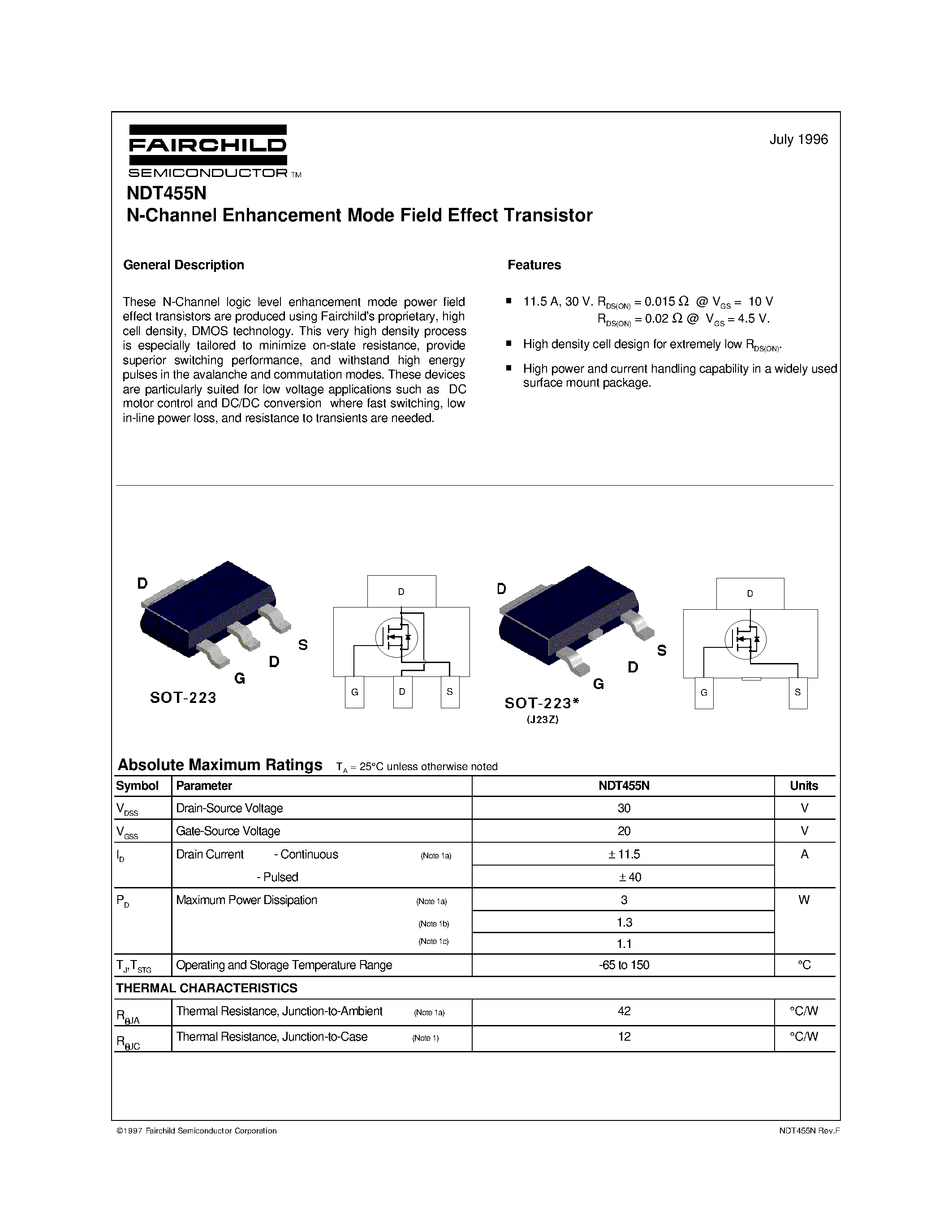 Datasheet NDT455N - N-Channel Enhancement Mode Field Effect Transistor page 1