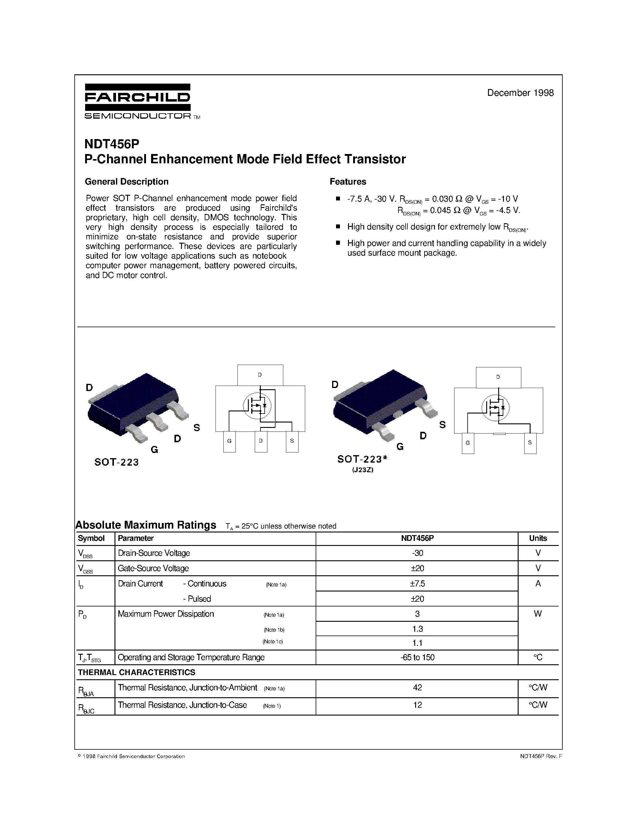 Даташит NDT456P - P-Channel Enhancement Mode Field Effect Transistor страница 1