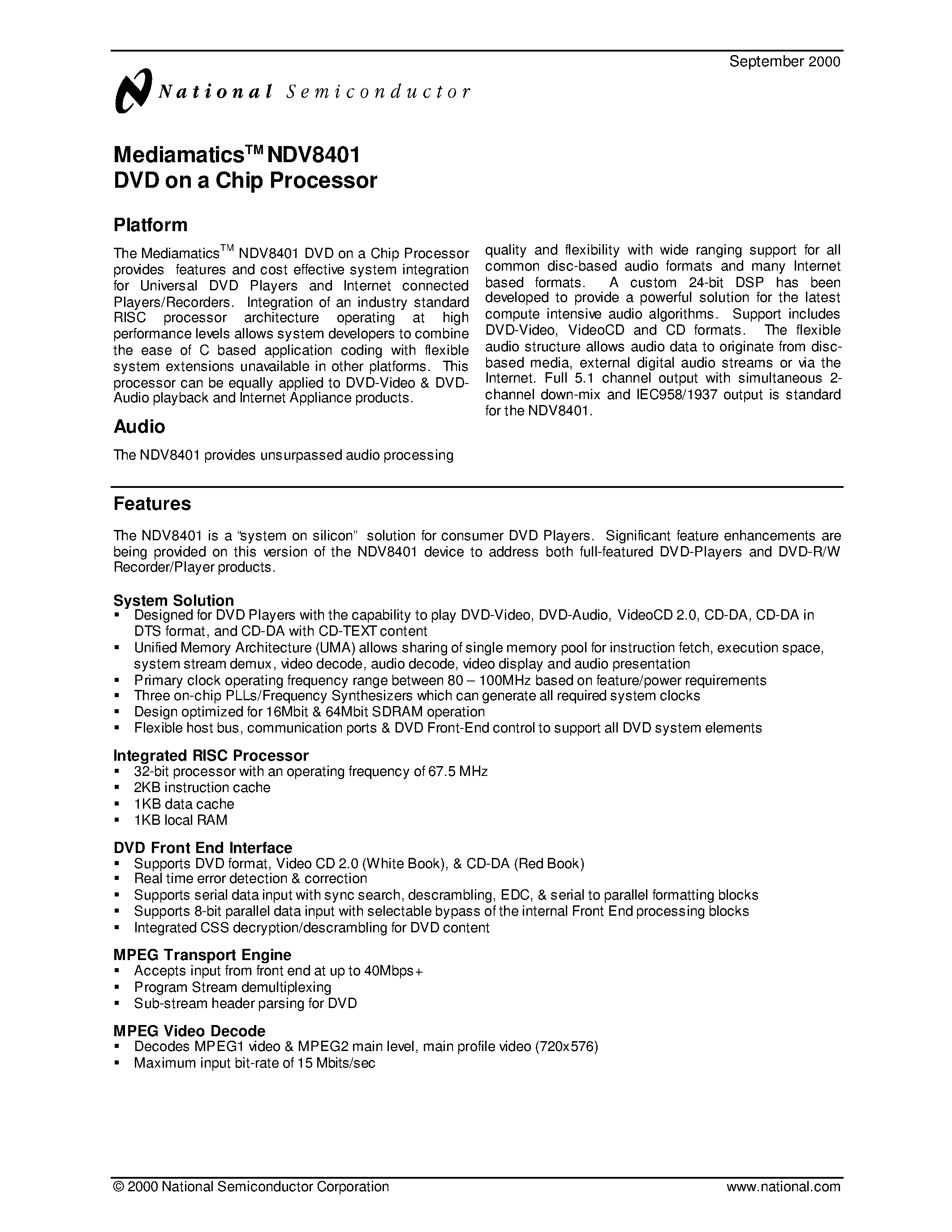 Datasheet NDV8401 page 1 Datasheet NDV8401 - DVD on a Chip Processor page 1