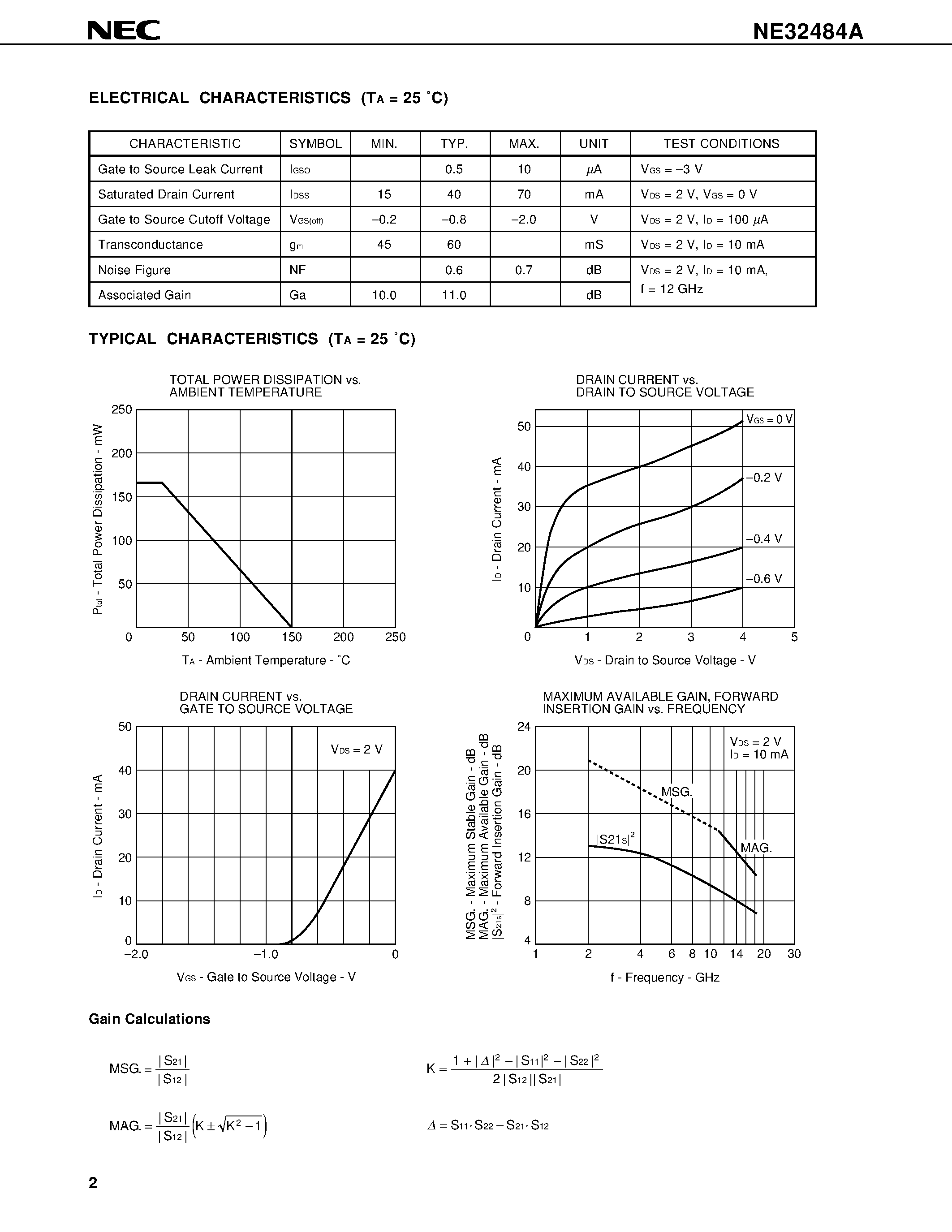 Datasheet NE32484A-T1A page 2 Datasheet NE32484A-T1A - C to Ku BAND SUPER LOW NOISE AMPLIFIER N-CHANNEL HJ-FET page 2