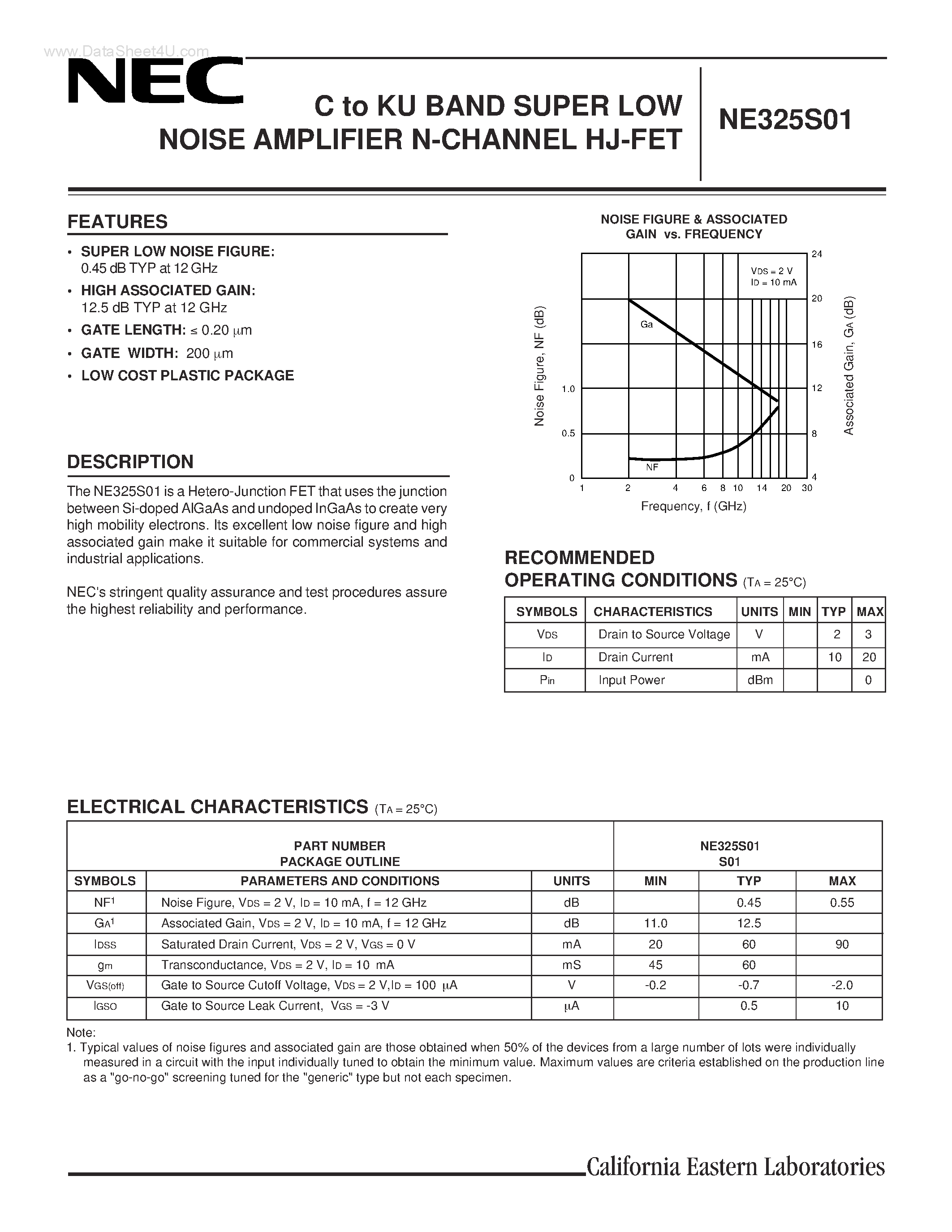 Datasheet NE325S01-T1 page 1 Datasheet NE325S01-T1 - C to Ku BAND SUPER LOW NOISE AMPLIFIER N-CHANNEL HJ-FET page 1