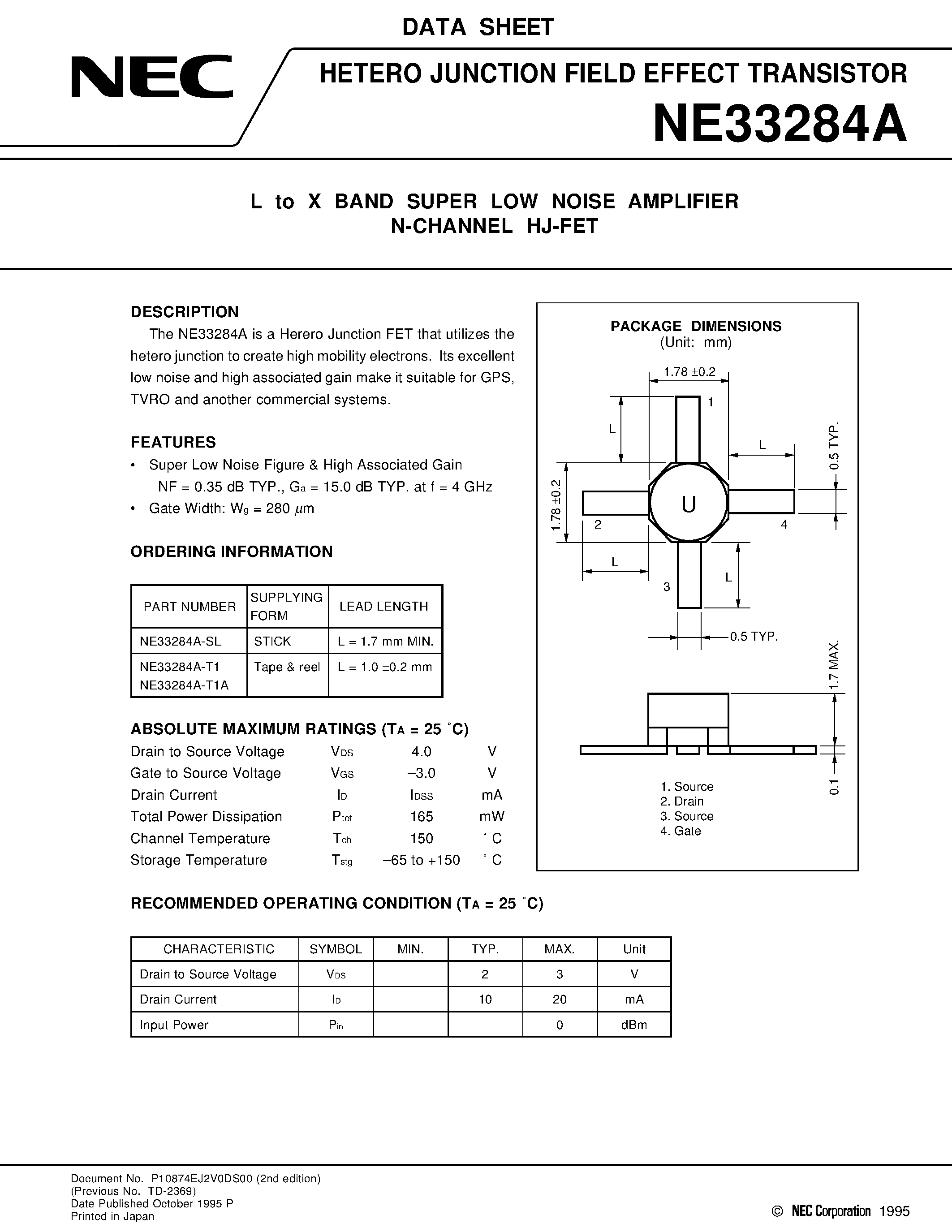 Datasheet NE33284A - L to X BAND SUPER LOW NOISE AMPLIFIER N-CHANNEL HJ-FET page 1
