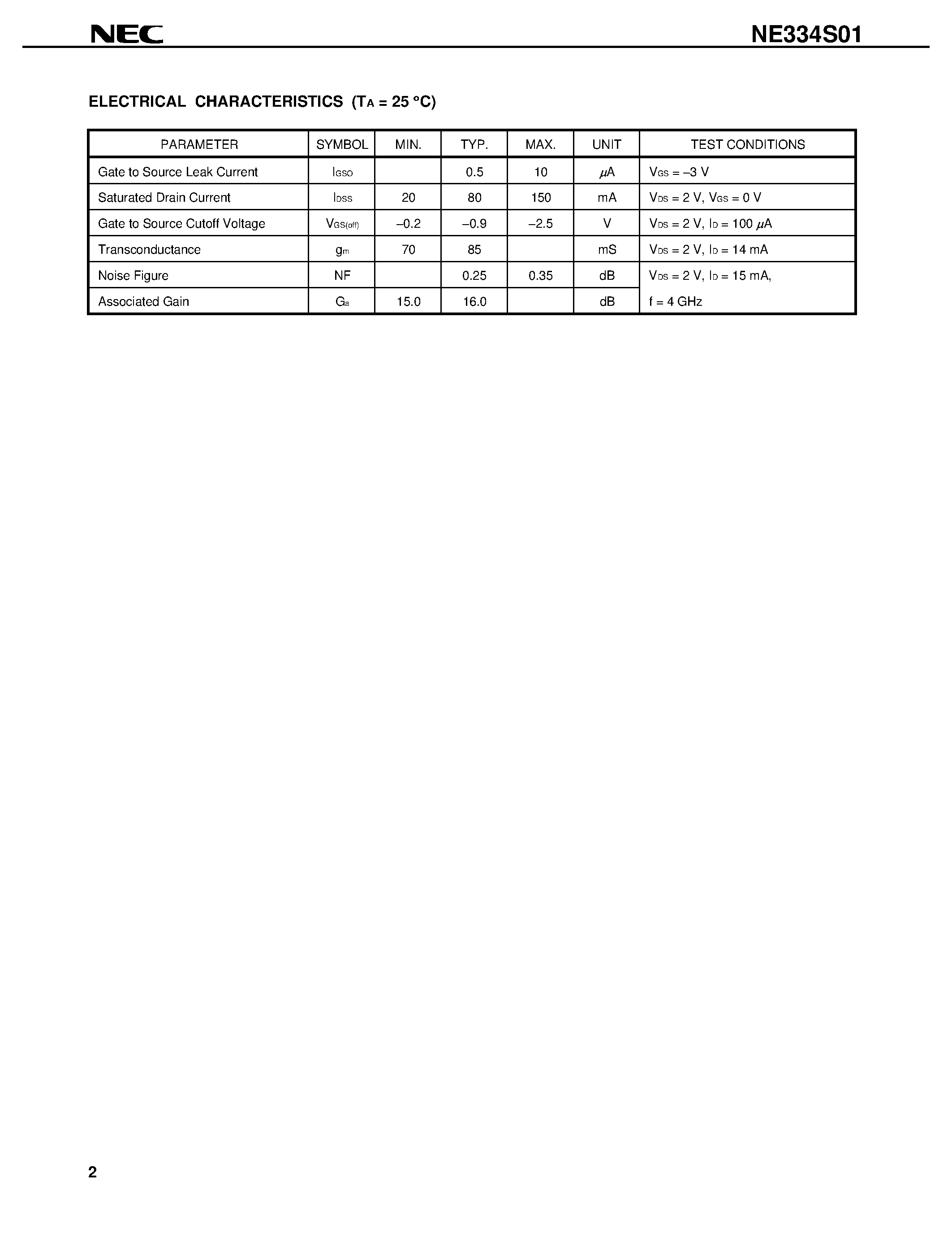 Datasheet NE334S01-T1B page 2 Datasheet NE334S01-T1B - C BAND SUPER LOW NOISE AMPLIFIER N-CHANNEL HJ-FET page 2