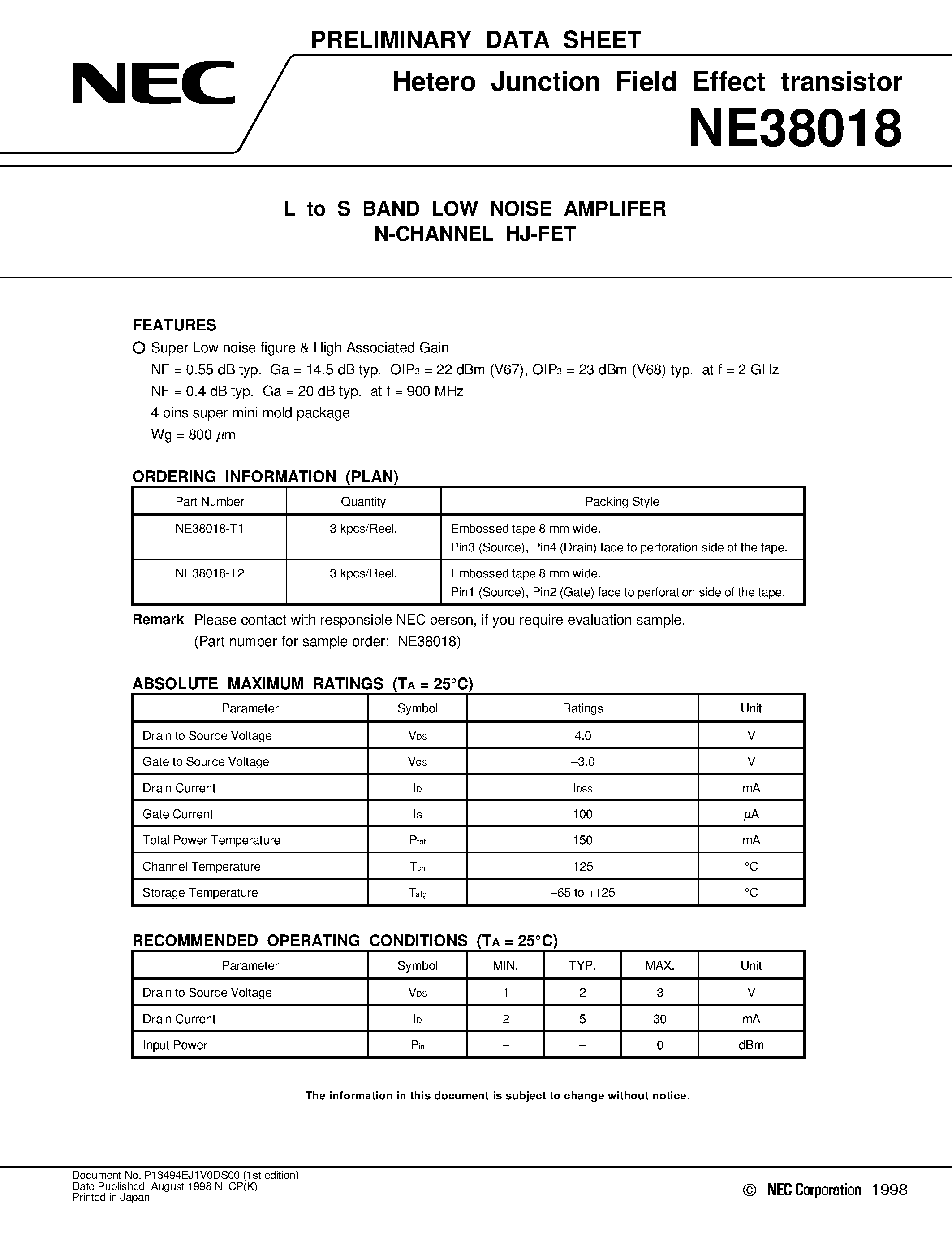 Даташит NE38018 - L to S BAND LOW NOISE AMPLIFER N-CHANNEL HJ-FET страница 1