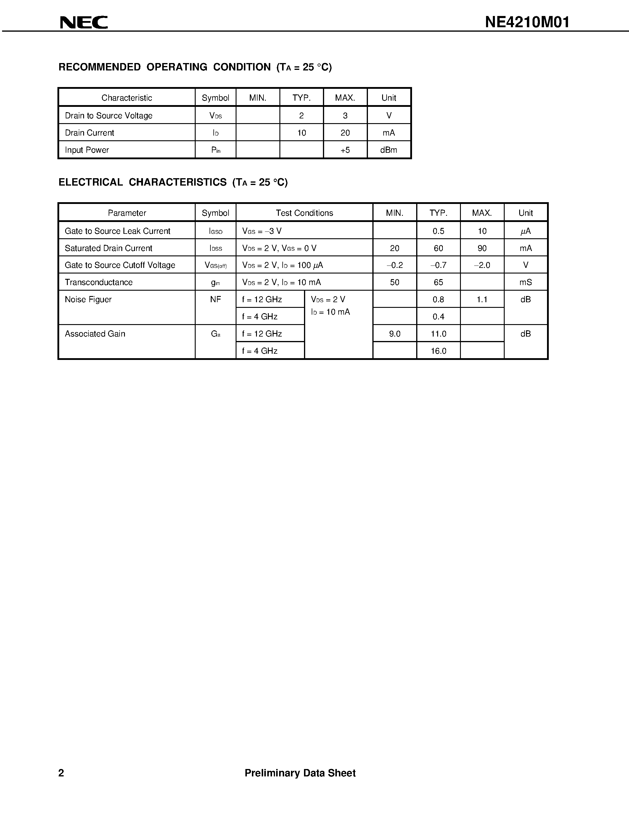 Datasheet NE4210M01 page 2 Datasheet NE4210M01 - C to Ku BAND SUPER LOW NOISE AMPLIFIER N-CHANNEL HJ-FET page 2