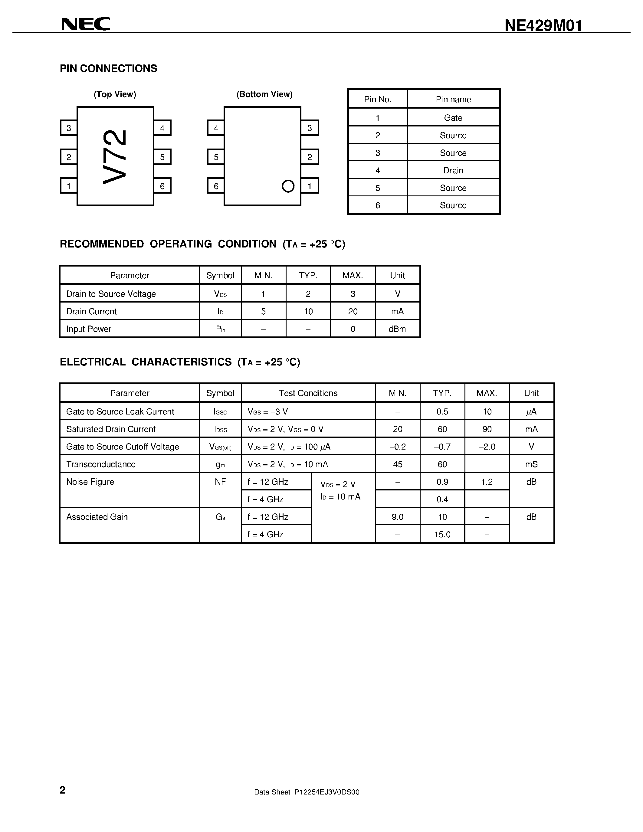 Datasheet NE429M01-T1 page 2 Datasheet NE429M01-T1 - C to Ku BAND SUPER LOW NOISE AMPLIFIER N-CHANNEL HJ-FET page 2